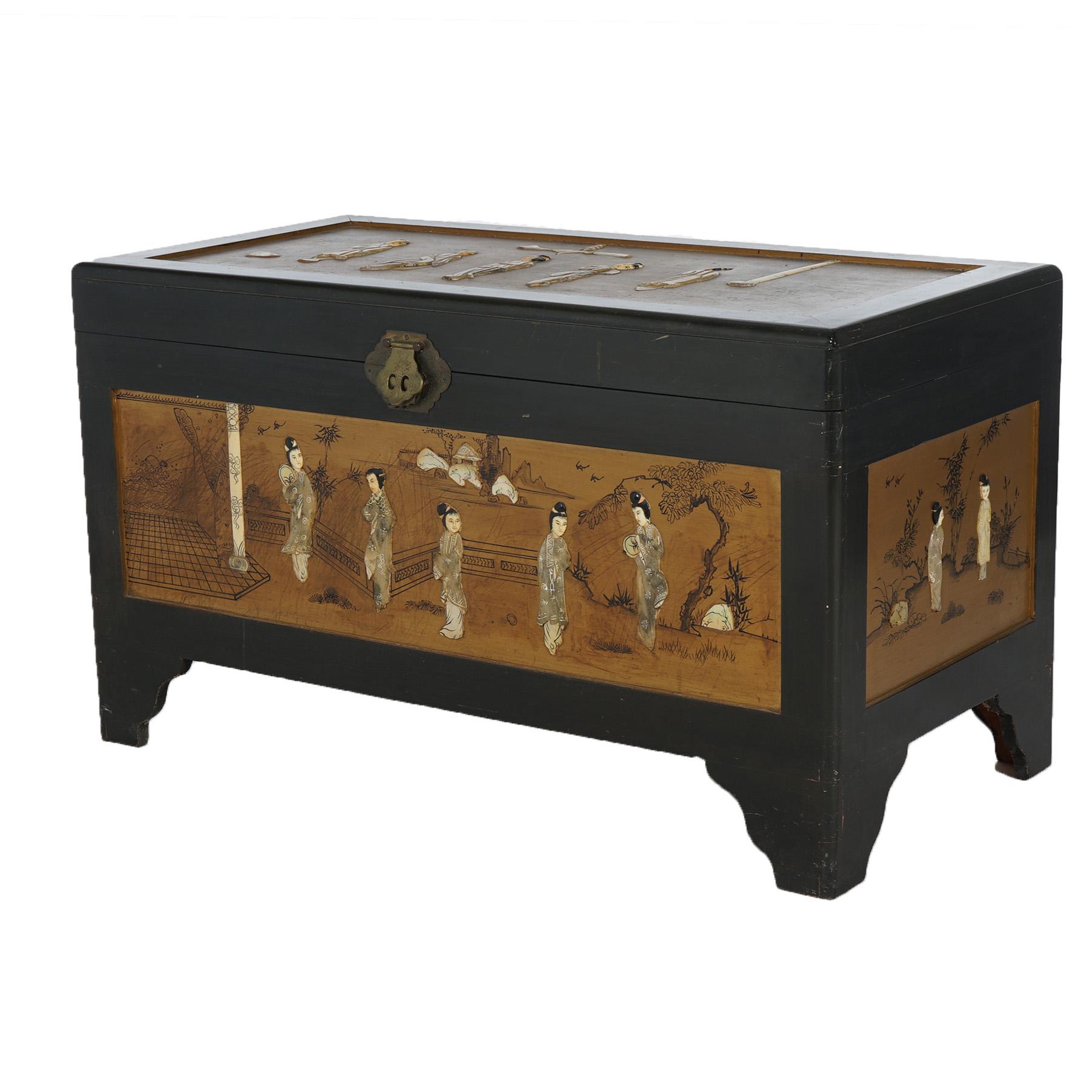 ***Ask About Reduced In-House Delivery Rates - Reliable Professional Service & Fully Insured***
Antique Chinese Lacquered Ebonized & Gilt Blanket Chest with Mother of Pearl & Soapstone Inlaid Figures, c1920

Measures - 23