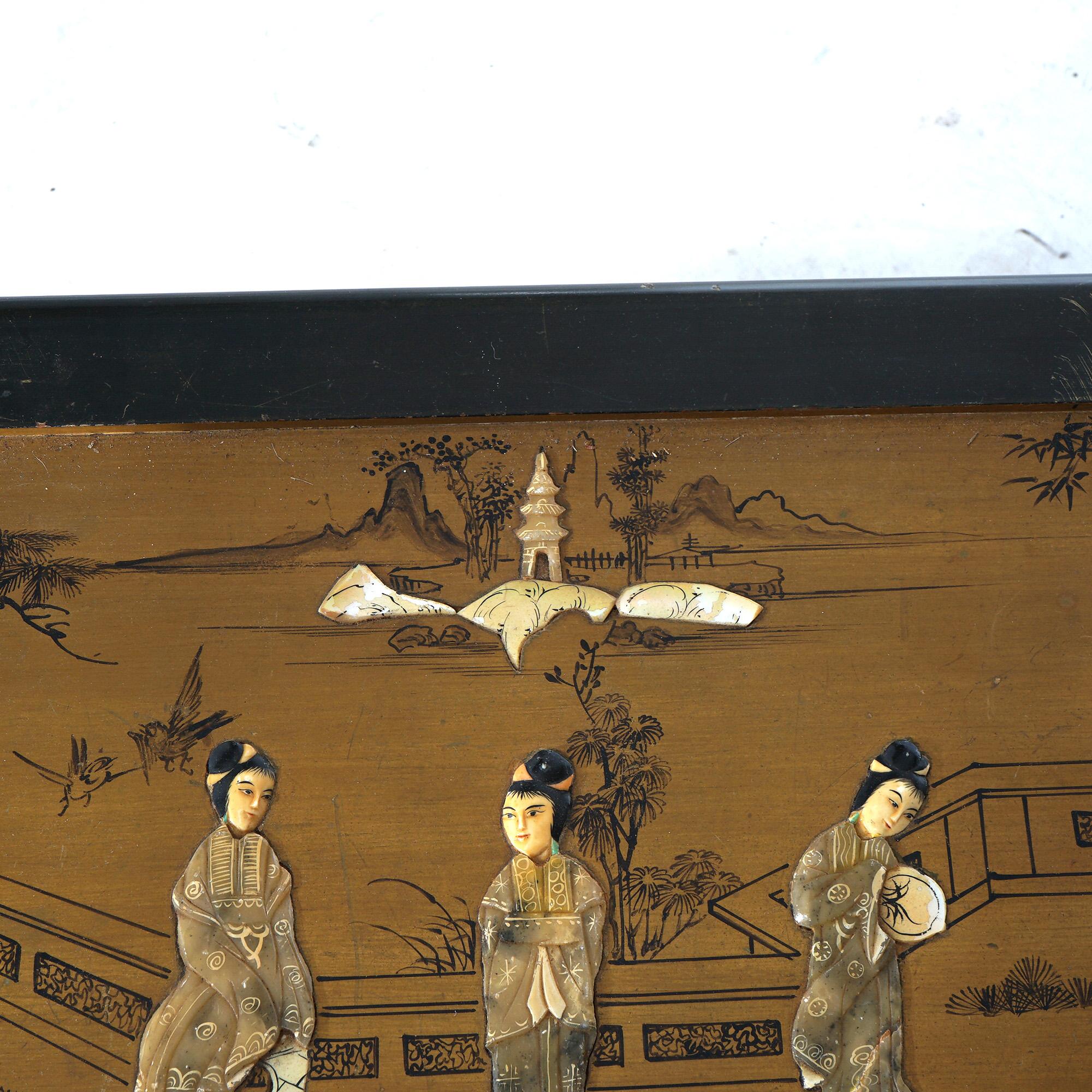 Wood Antique Chinese Lacquered Ebonized & Gilt Blanket Chest with Mother of Pearl For Sale