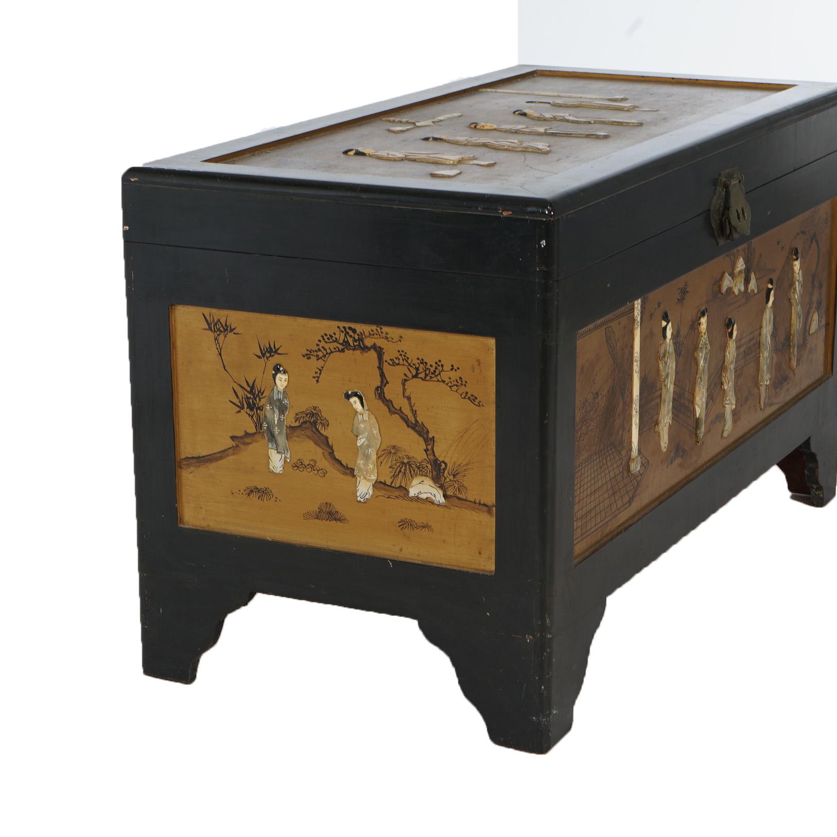 Antique Chinese Lacquered Ebonized & Gilt Blanket Chest with Mother of Pearl For Sale 3