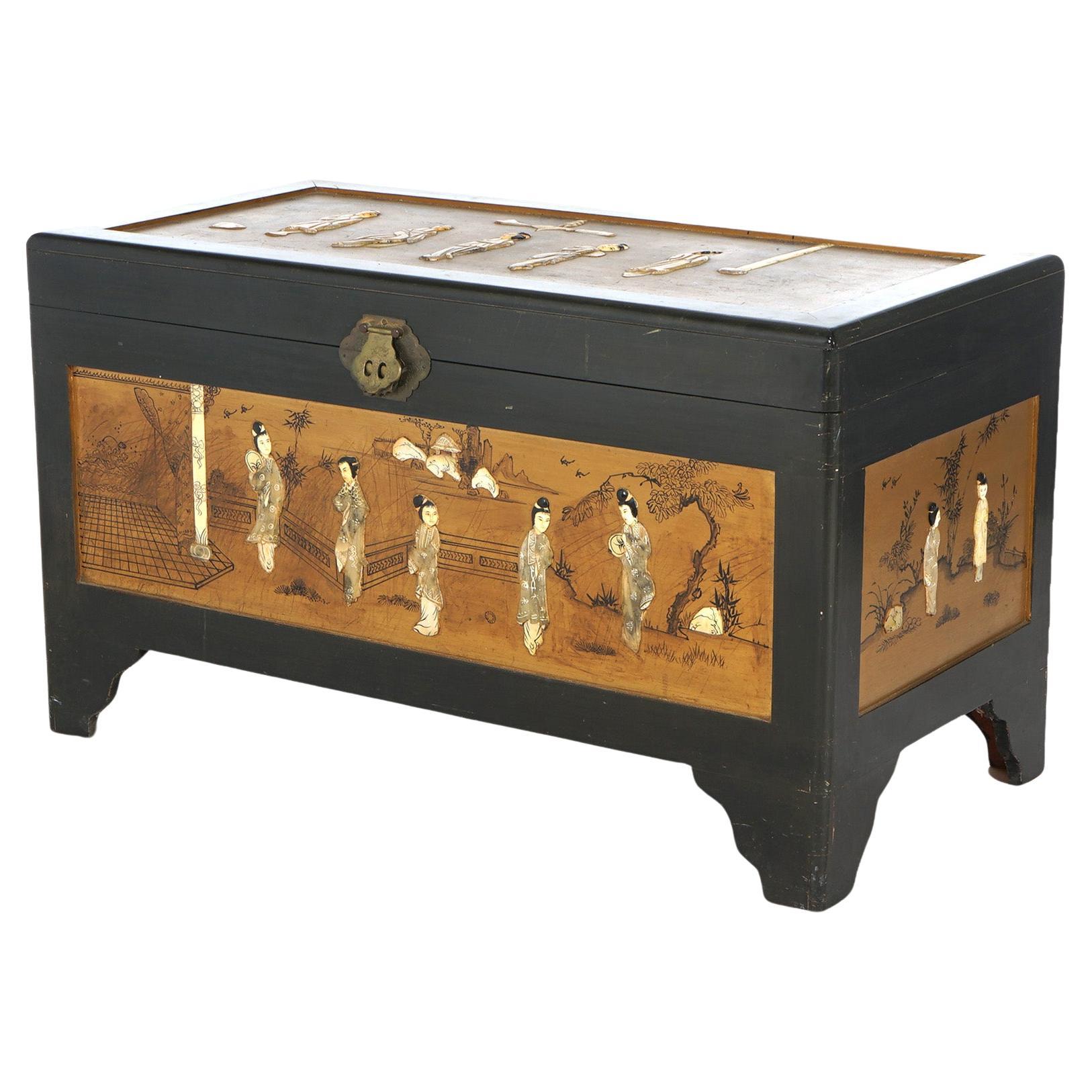 Antique Chinese Lacquered Ebonized & Gilt Blanket Chest with Mother of Pearl For Sale