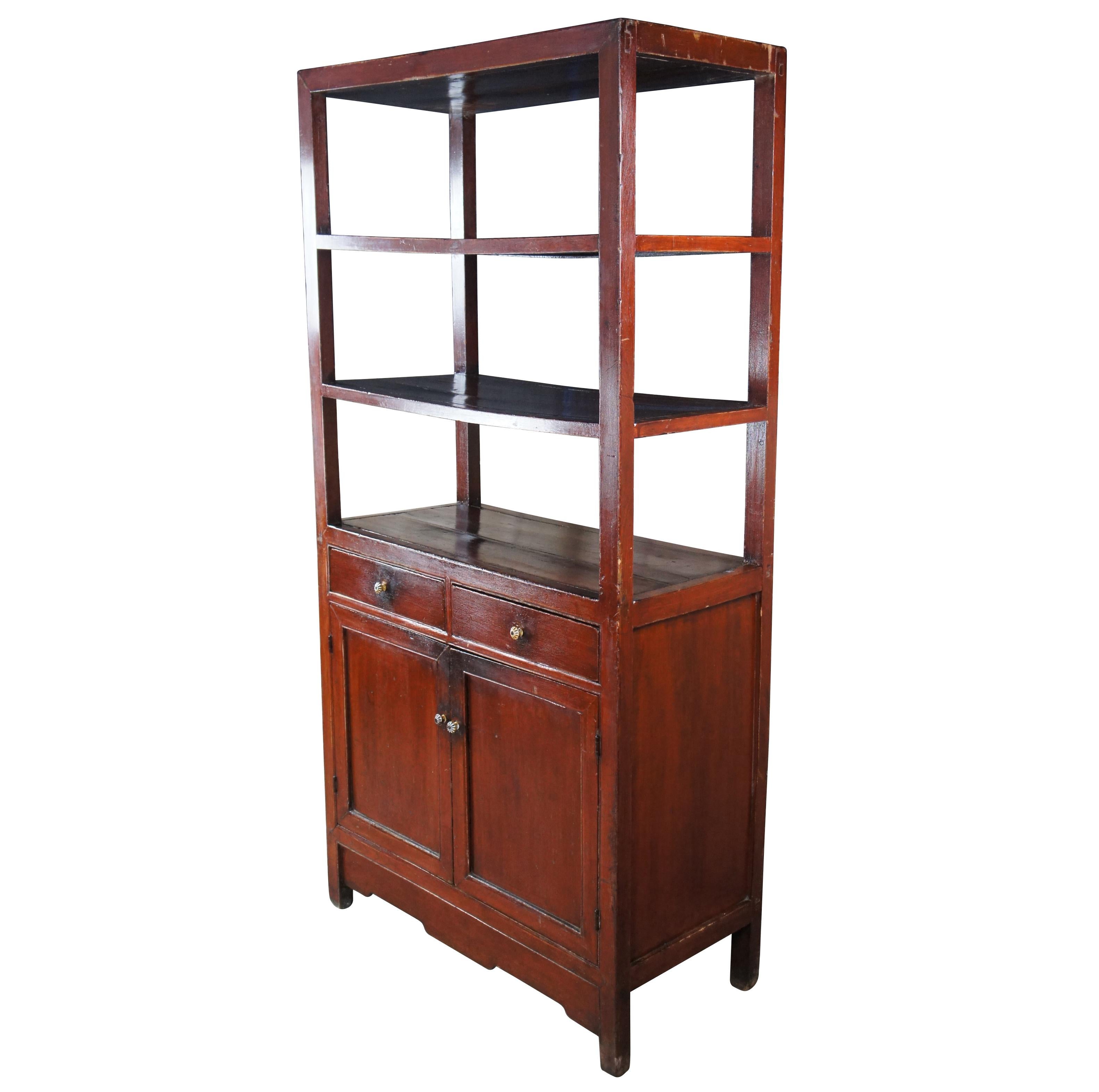 Chinoiserie Antique Chinese Lacquered Elm Bookcase Etagere Dry Bar Cabinet Room Divider For Sale