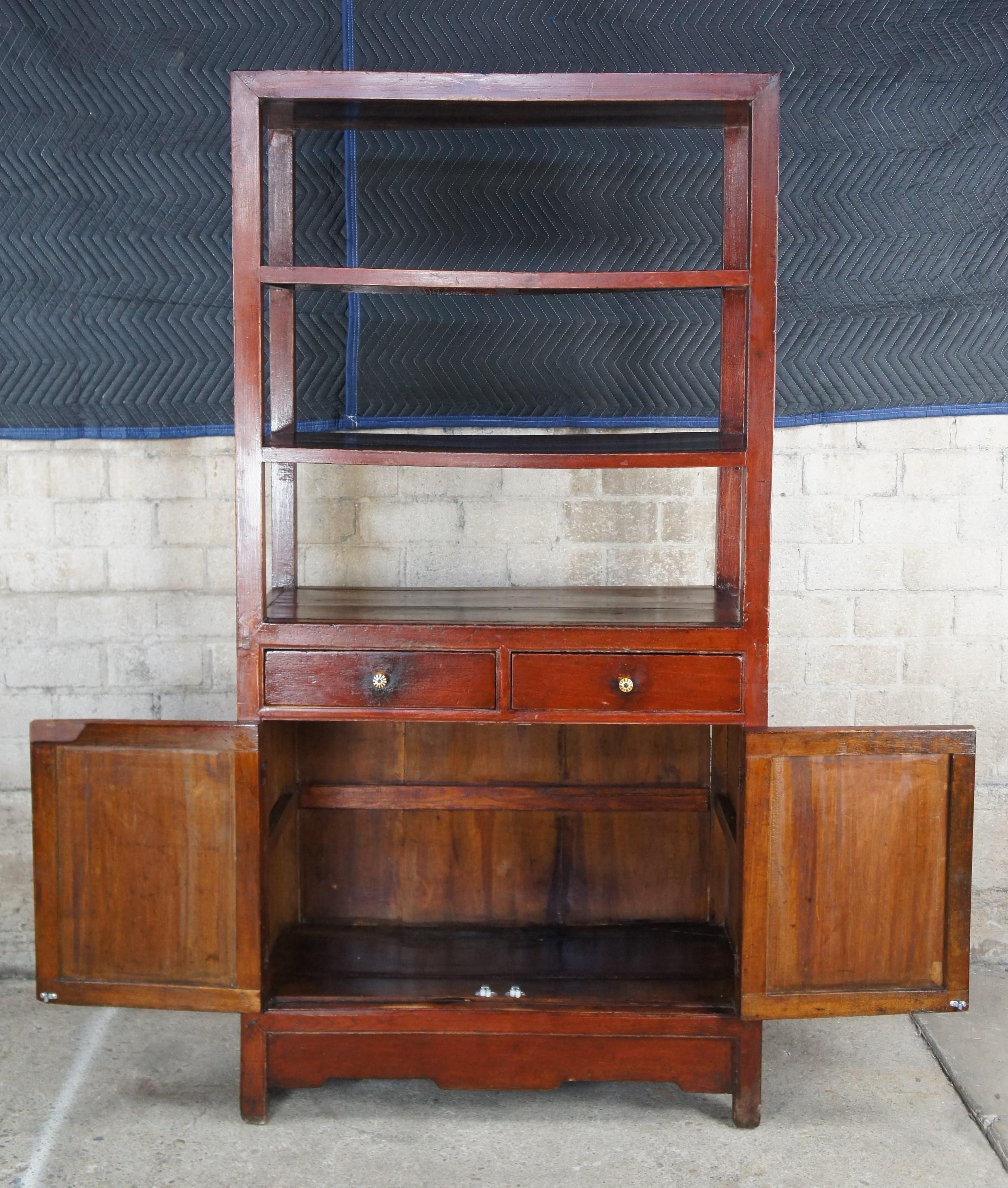 Antique Chinese Lacquered Elm Bookcase Etagere Dry Bar Cabinet Room Divider In Good Condition For Sale In Dayton, OH
