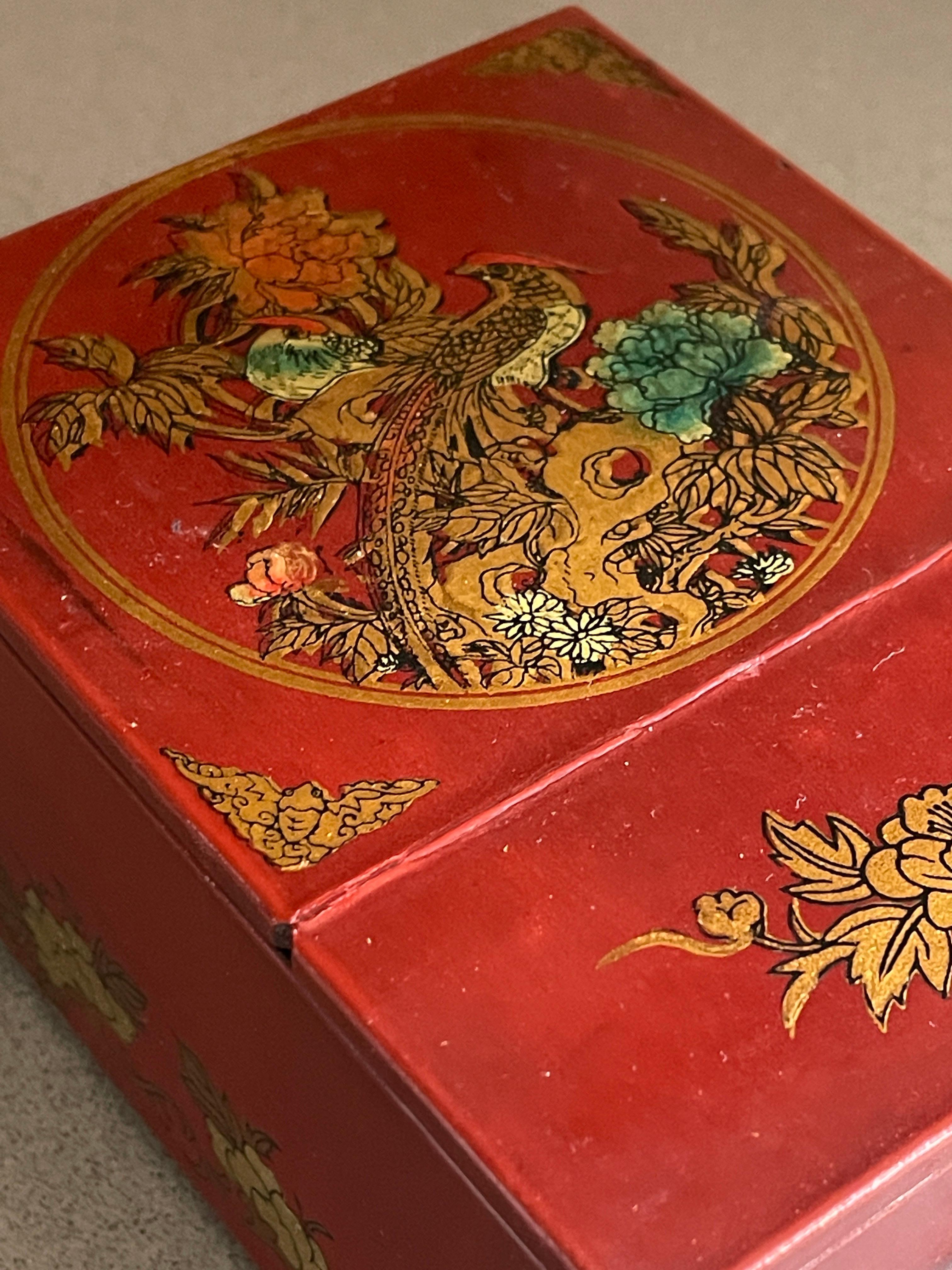 Bronzed Antique Chinese Lacquered Flip-Up Travel Shaving Jewellery Box Vanity Mirror For Sale