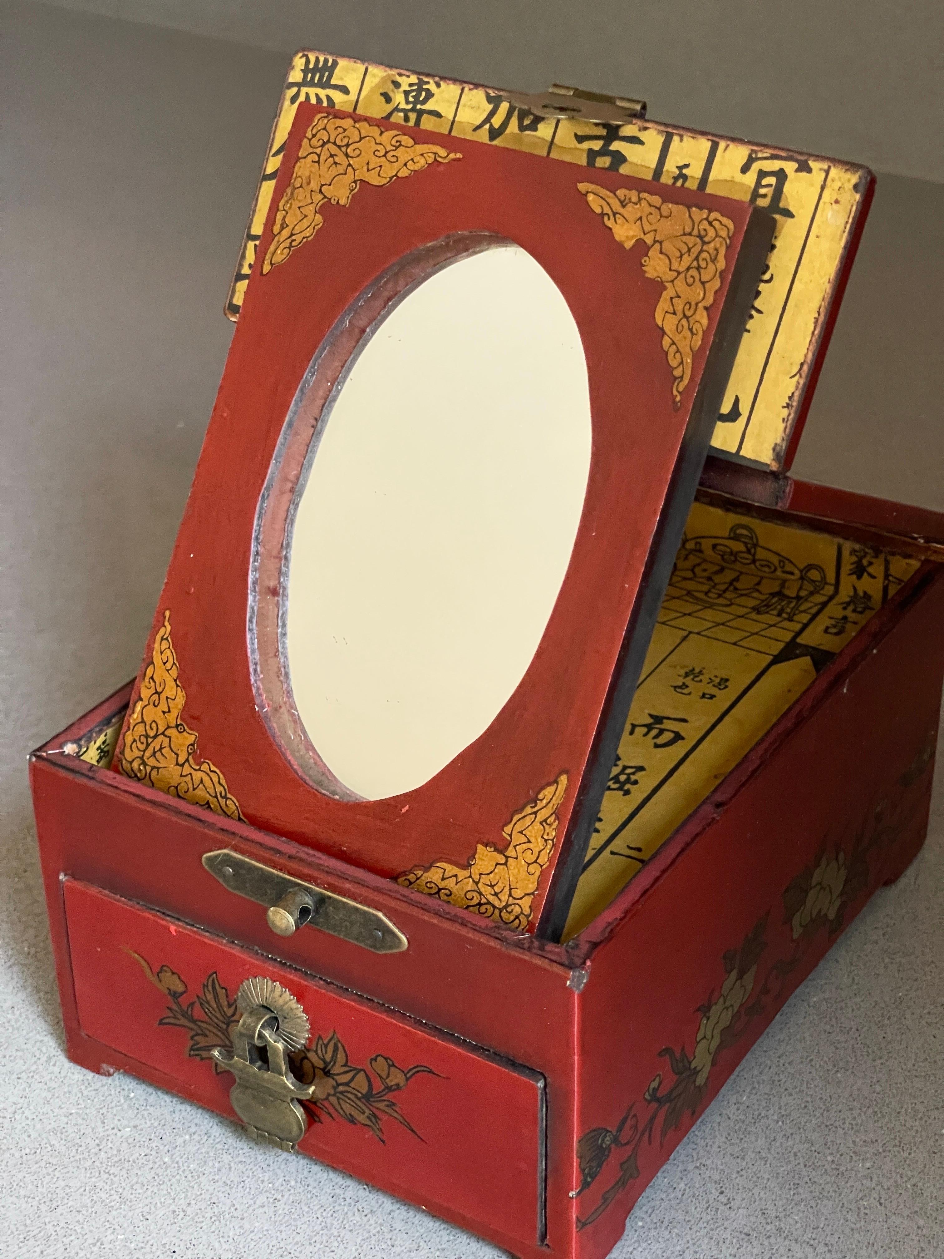 Metal Antique Chinese Lacquered Flip-Up Travel Shaving Jewellery Box Vanity Mirror For Sale