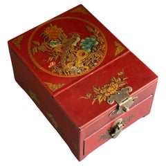 Antique Chinese Lacquered Flip-Up Travel Shaving Jewellery Box Vanity Mirror