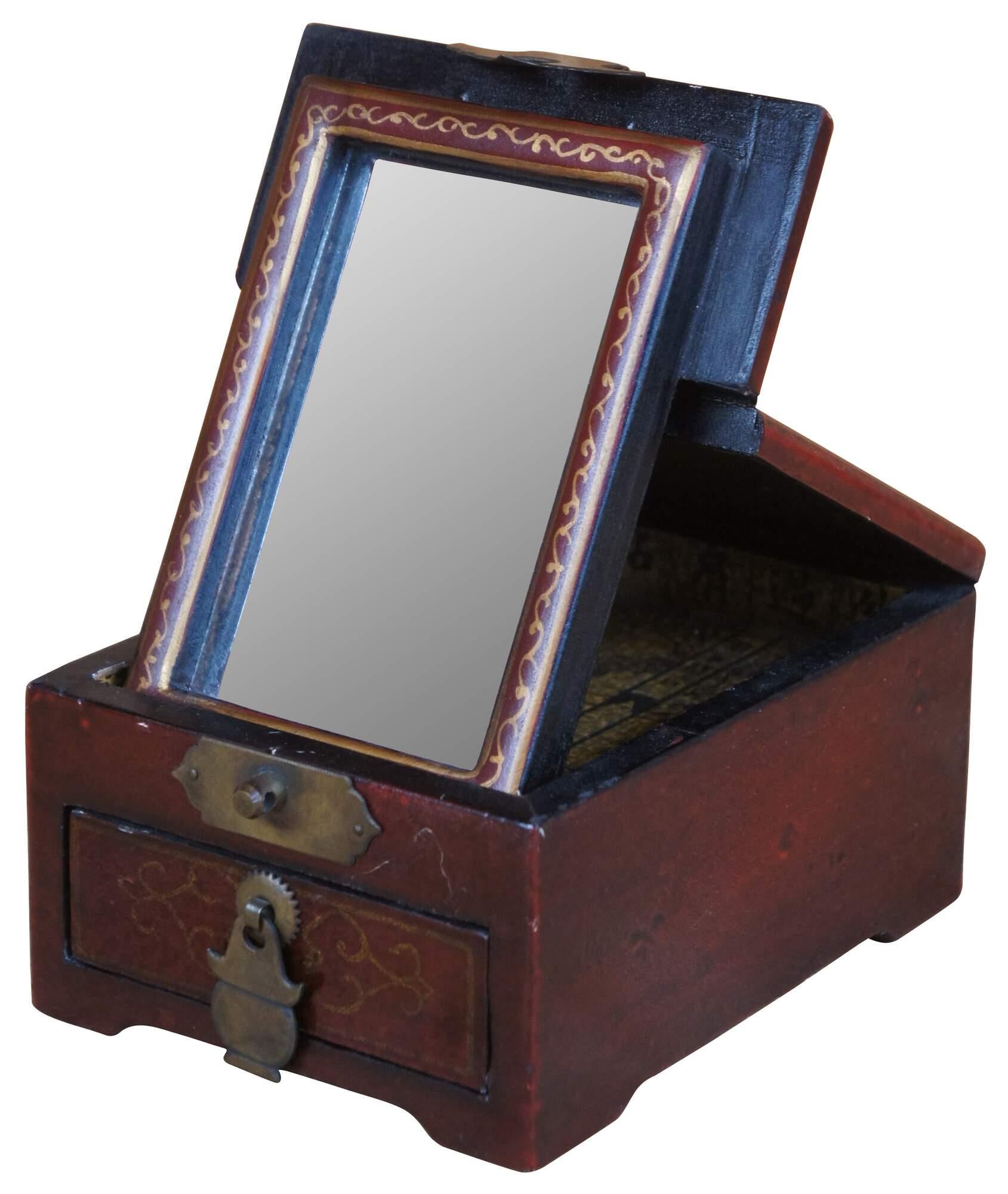 Antique Chinese chinoiserie flip top shaving or jewelry / vanity / cosmetics box with a mirror and drawer lined with paper depicting Maxims for the well Governed Household and Hundreds of Chinese Surnames.

Translation of inner lining:
1 ???? zhì