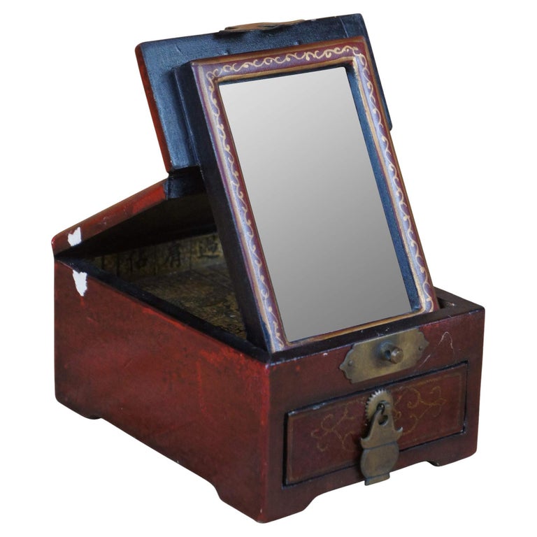 Antique Chinese Lacquered Flip Up Travel Shaving Jewelry Box Vanity