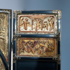 Antique Chinese Lacquered, Giltwood & Carved Hardstone Dressing Screen, 19th C