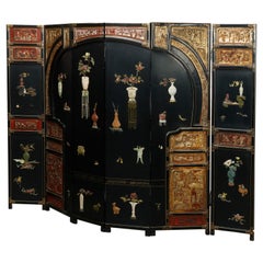 Antique Chinese Lacquered, Giltwood & Carved Hardstone Dressing Screen, 19th C
