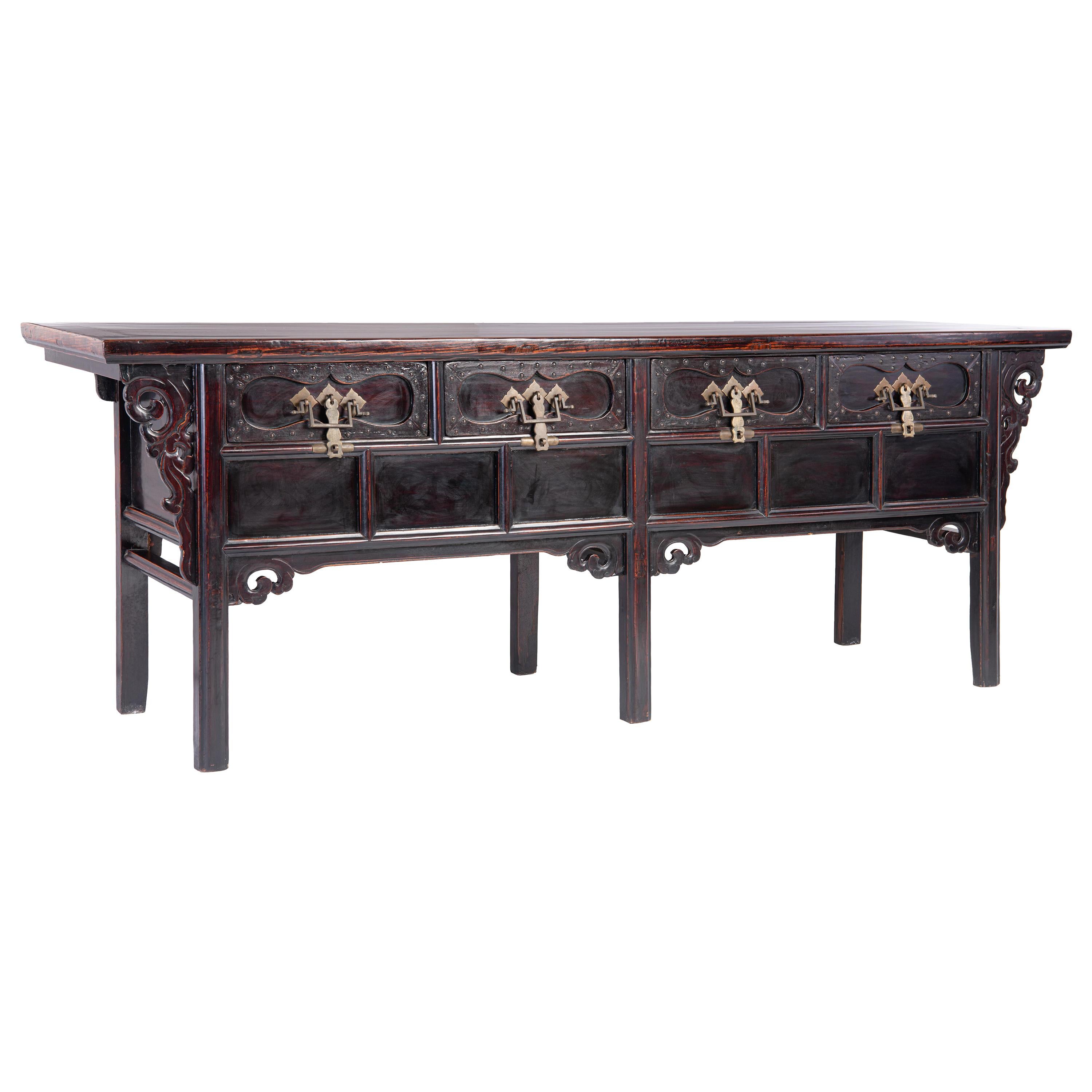 Antique Chinese Lacquered Raised Coffer with Decorative Brass Fittings For Sale