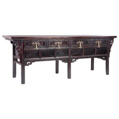 Antique Chinese Lacquered Raised Coffer with Decorative Brass Fittings
