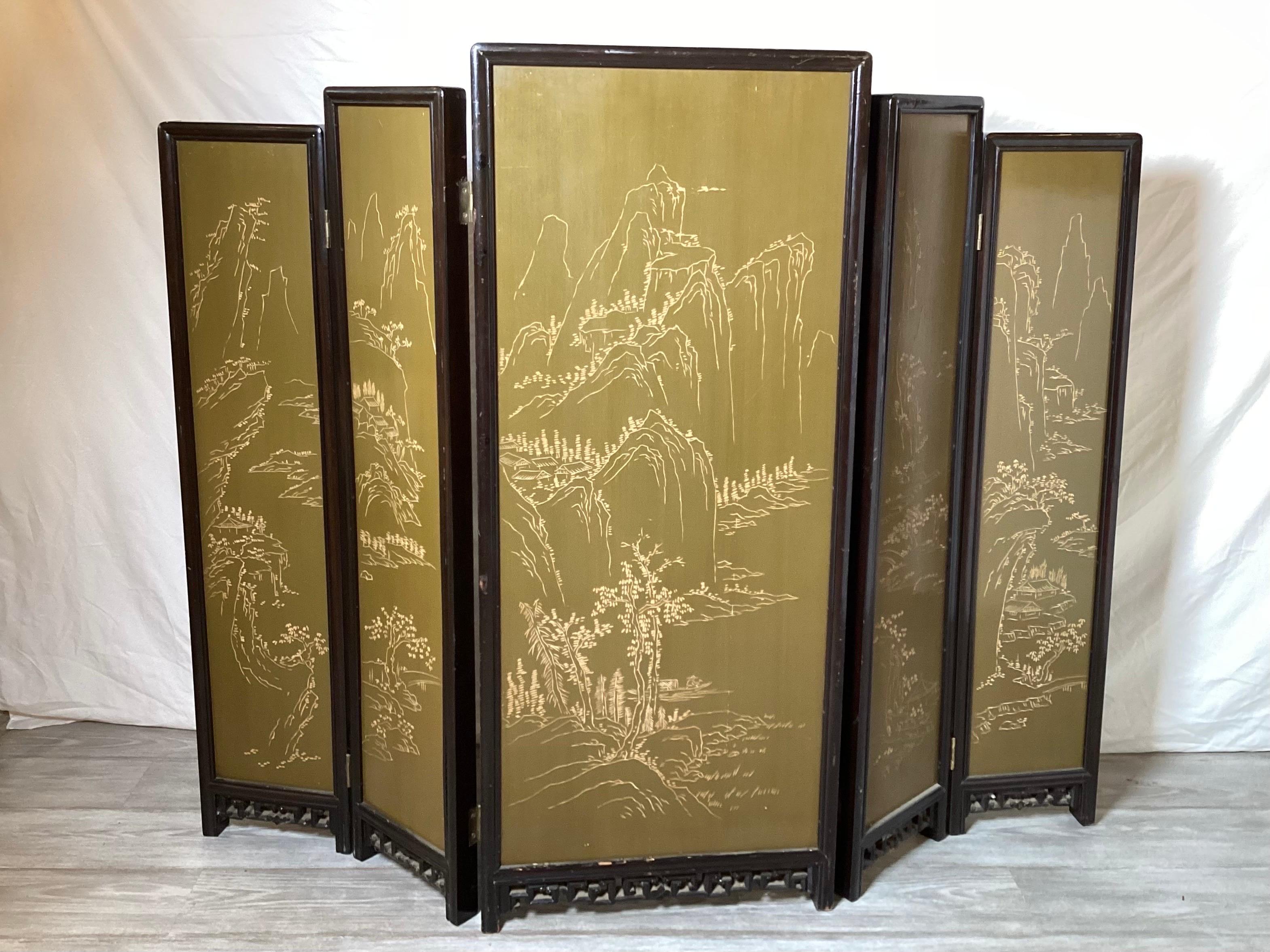 Antique Chinese Lacquered Wood and Soapstone Folding Screen 6