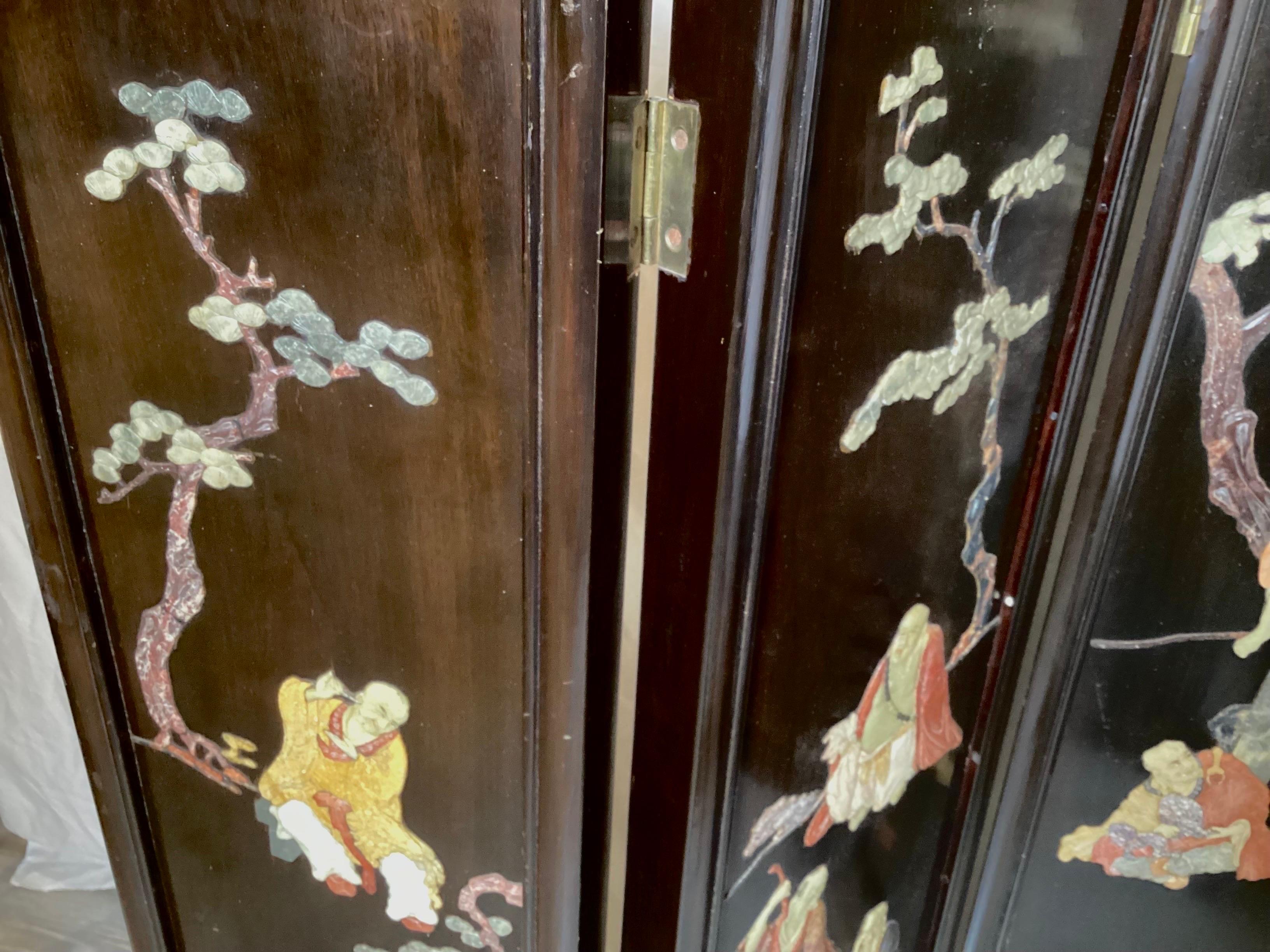 Antique Chinese Lacquered Wood and Soapstone Folding Screen In Good Condition In Lambertville, NJ