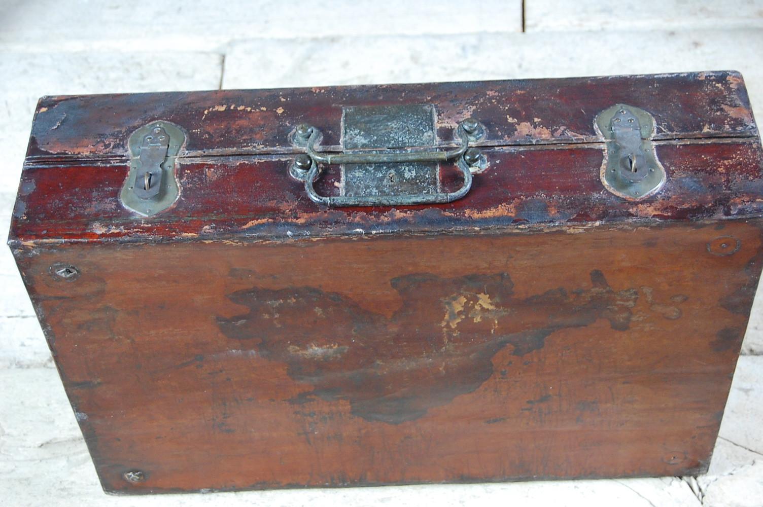 19th Century Antique Chinese Lacquered Wood Suitcase Bronze Mounts