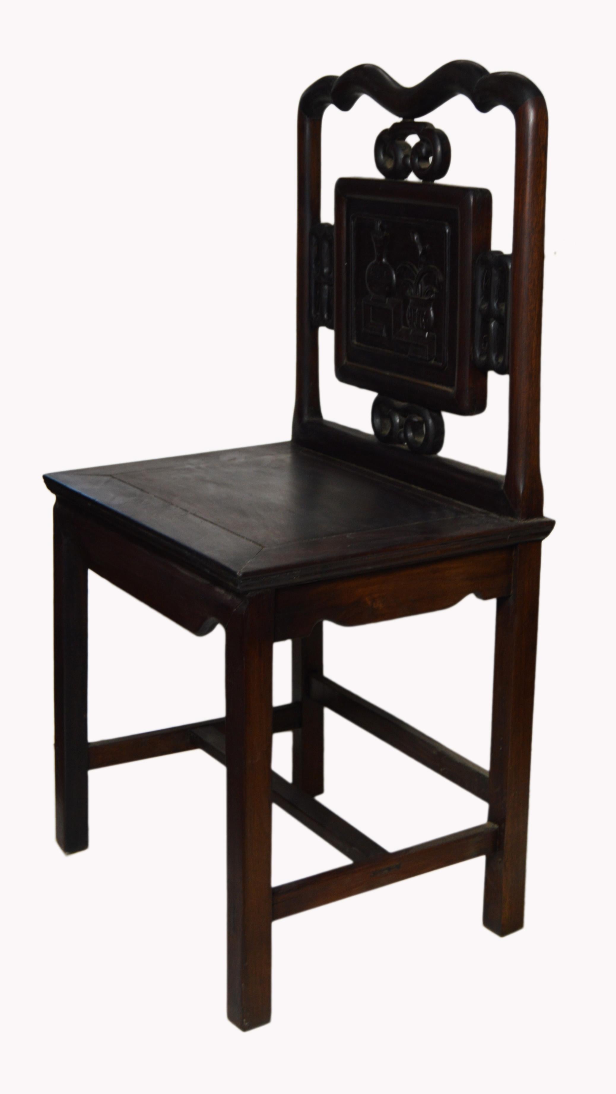 20th Century Antique Chinese Lacquered Yumu Wood Side Chair with Hand-Carved Décor For Sale