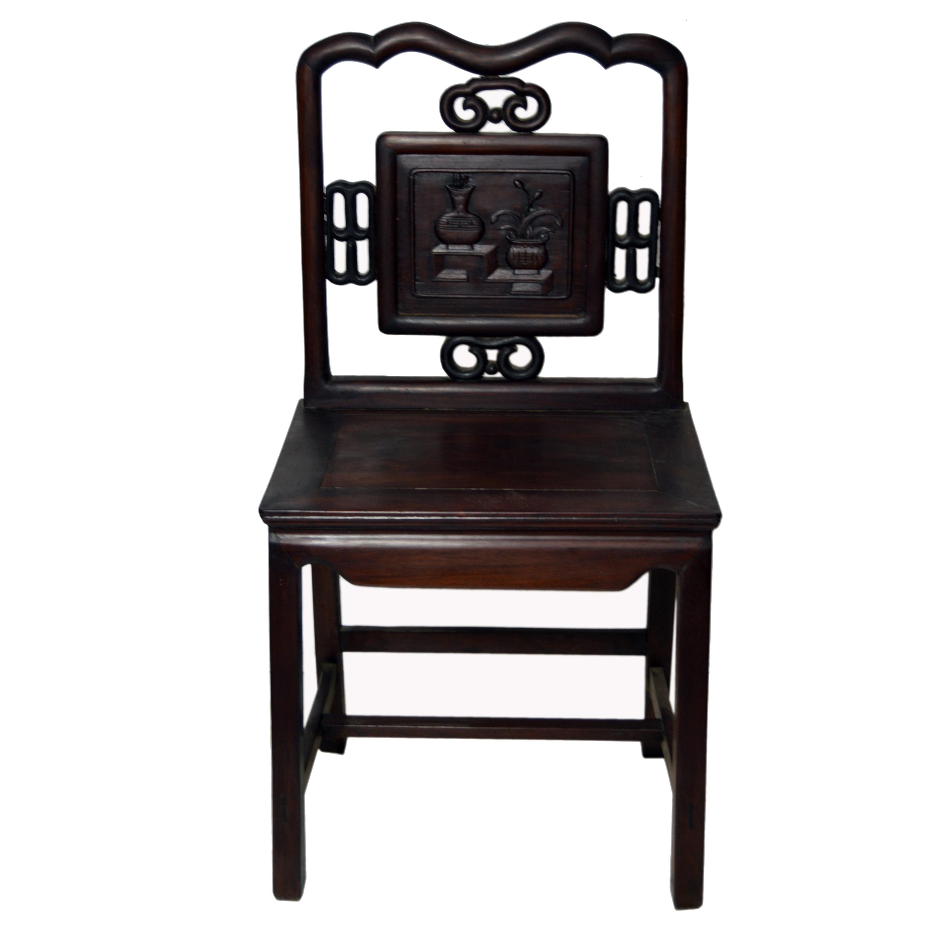 Antique Chinese Lacquered Yumu Wood Side Chair with Hand-Carved Décor For Sale