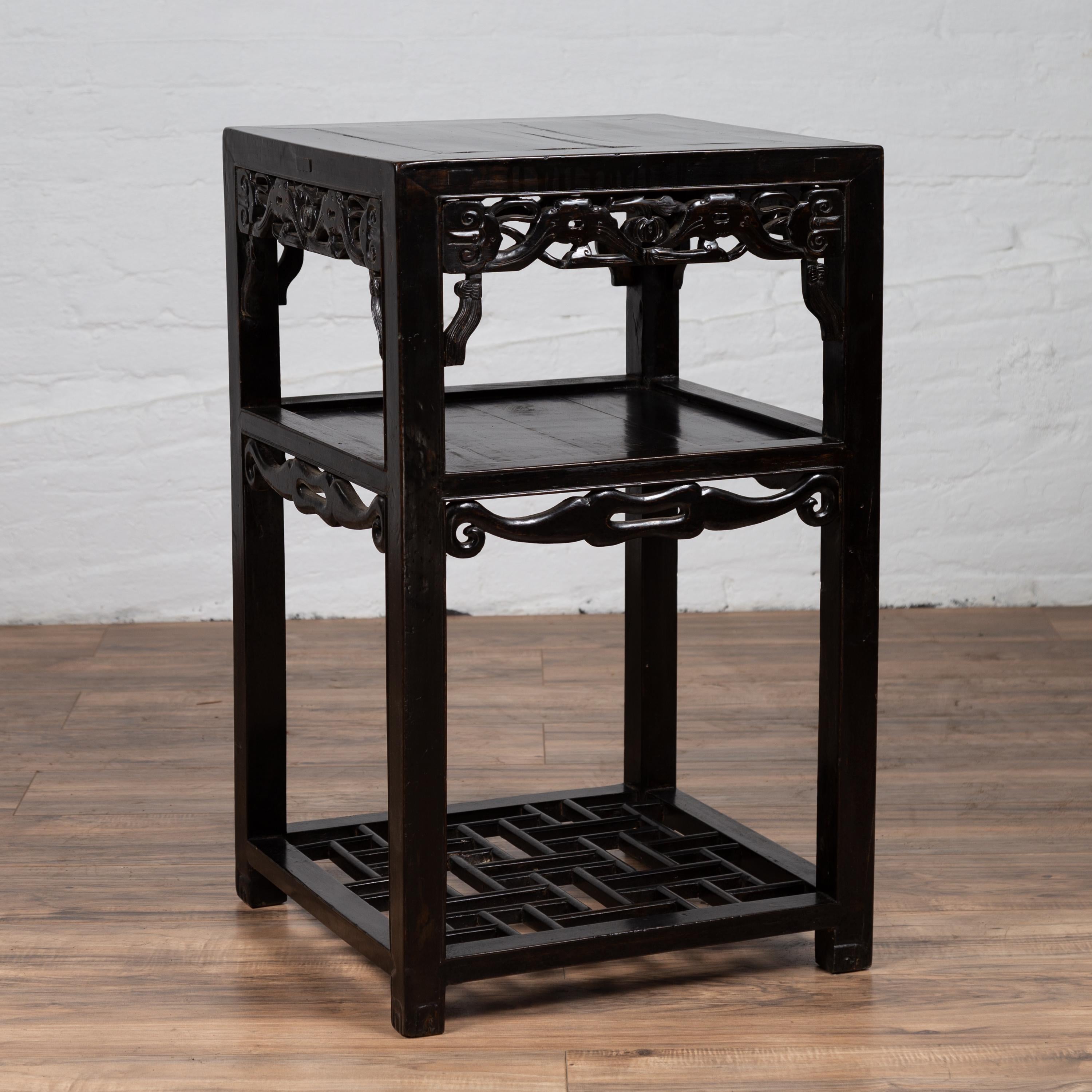 Antique Chinese Lamp Table with Dark Patina, Pierced Apron and Geometric Design 6