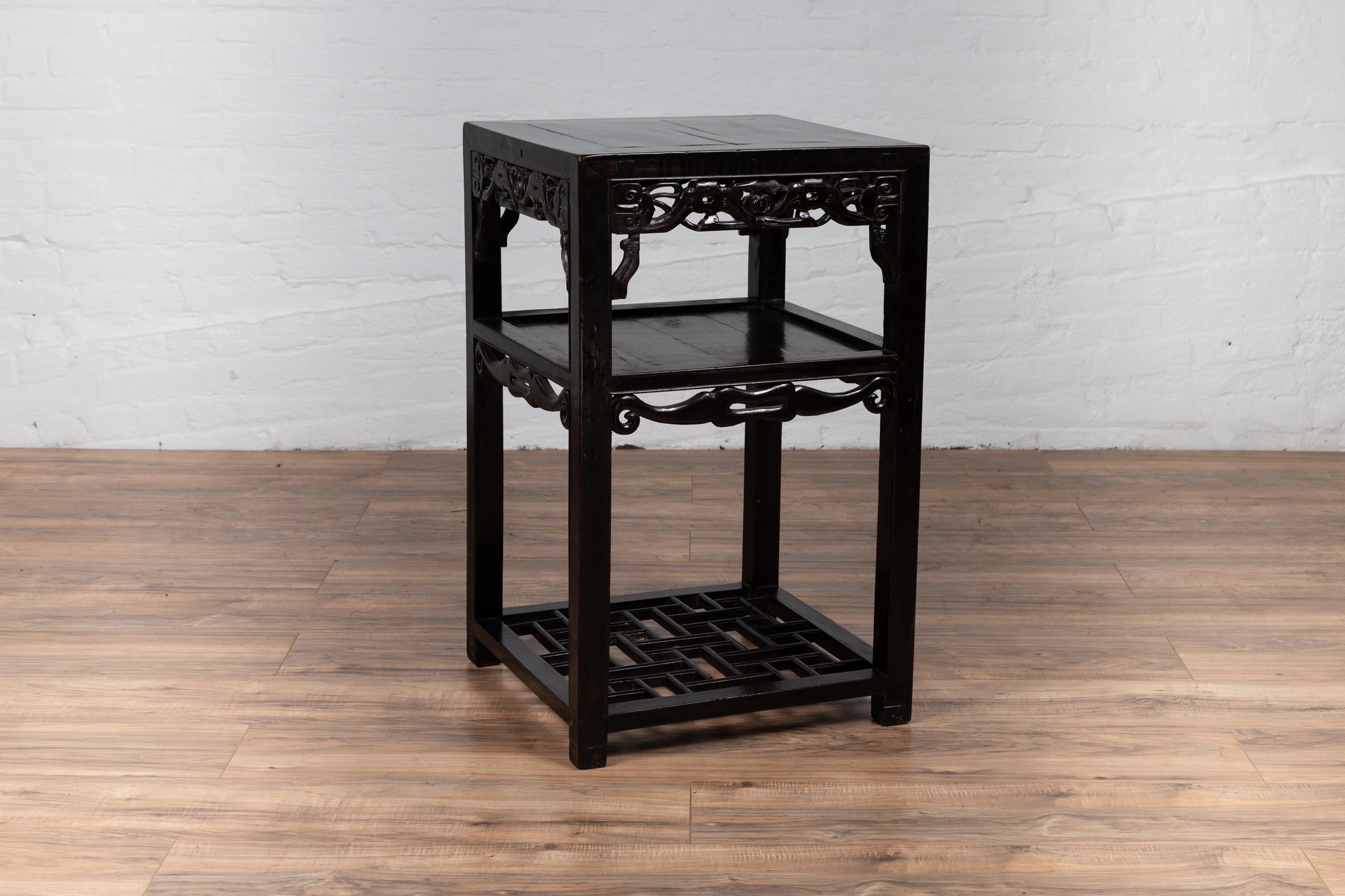Antique Chinese Lamp Table with Dark Patina, Pierced Apron and Geometric Design 7