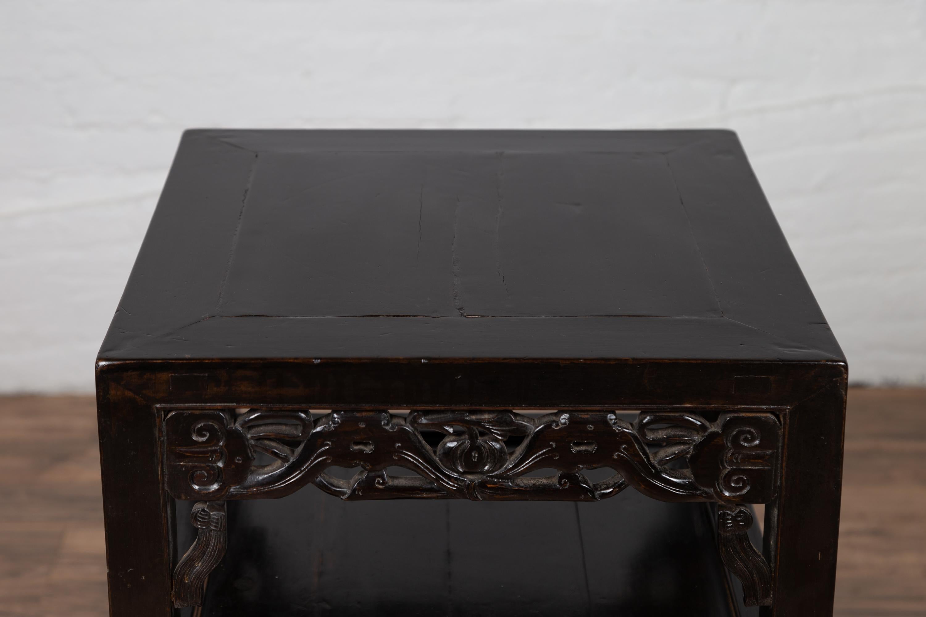 Antique Chinese Lamp Table with Dark Patina, Pierced Apron and Geometric Design In Good Condition In Yonkers, NY