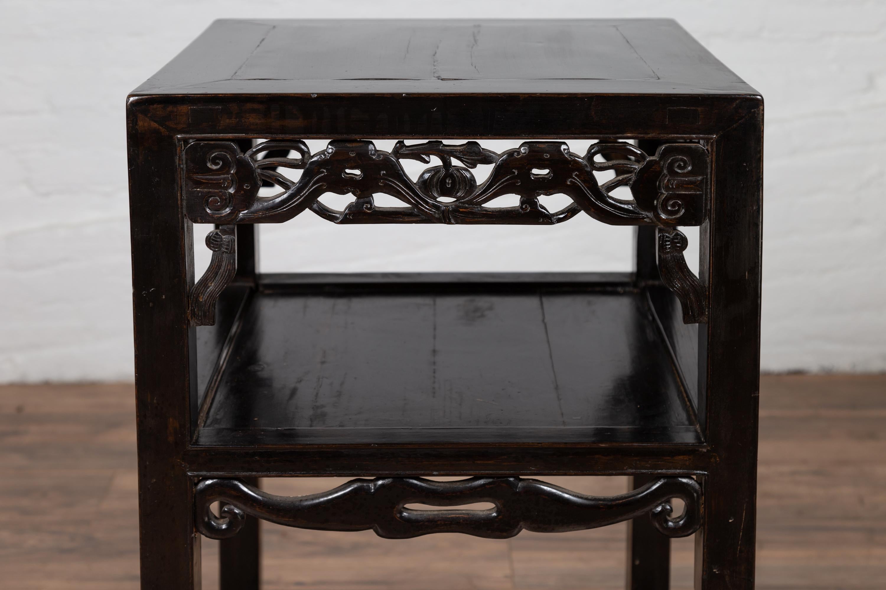 20th Century Antique Chinese Lamp Table with Dark Patina, Pierced Apron and Geometric Design