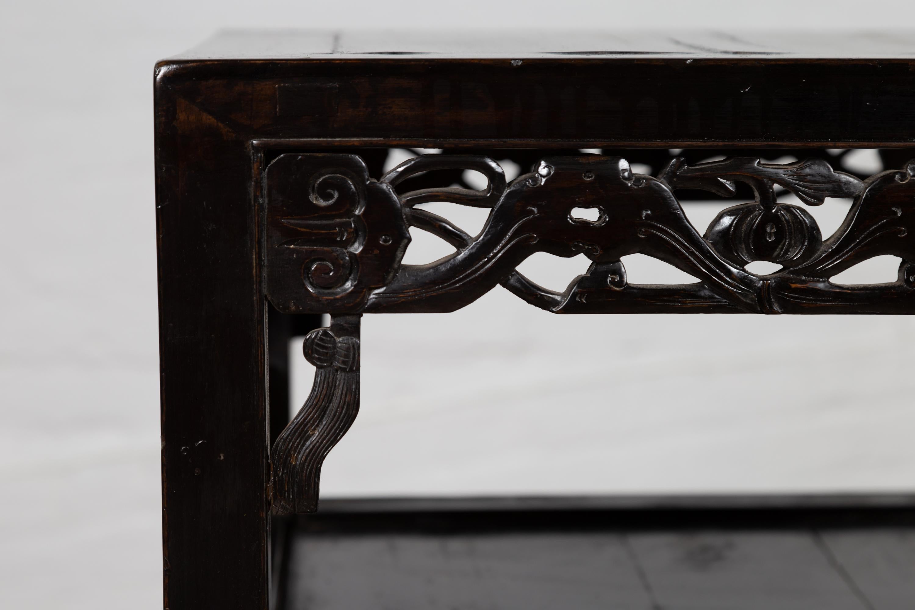 Wood Antique Chinese Lamp Table with Dark Patina, Pierced Apron and Geometric Design