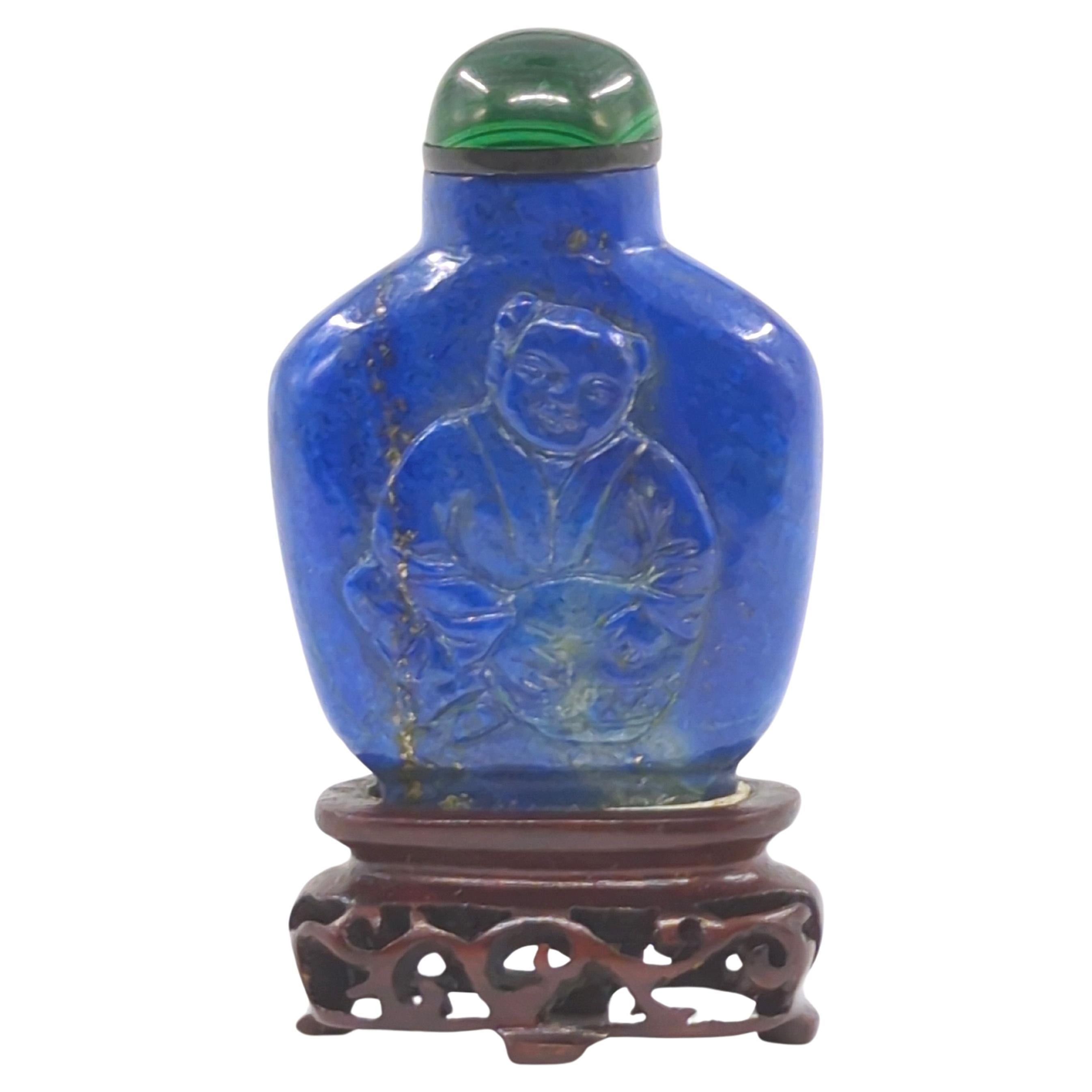 Antique Chinese Lapis Lazuli Relief Carved Snuff Bottle on Stand c.1920 For Sale 5