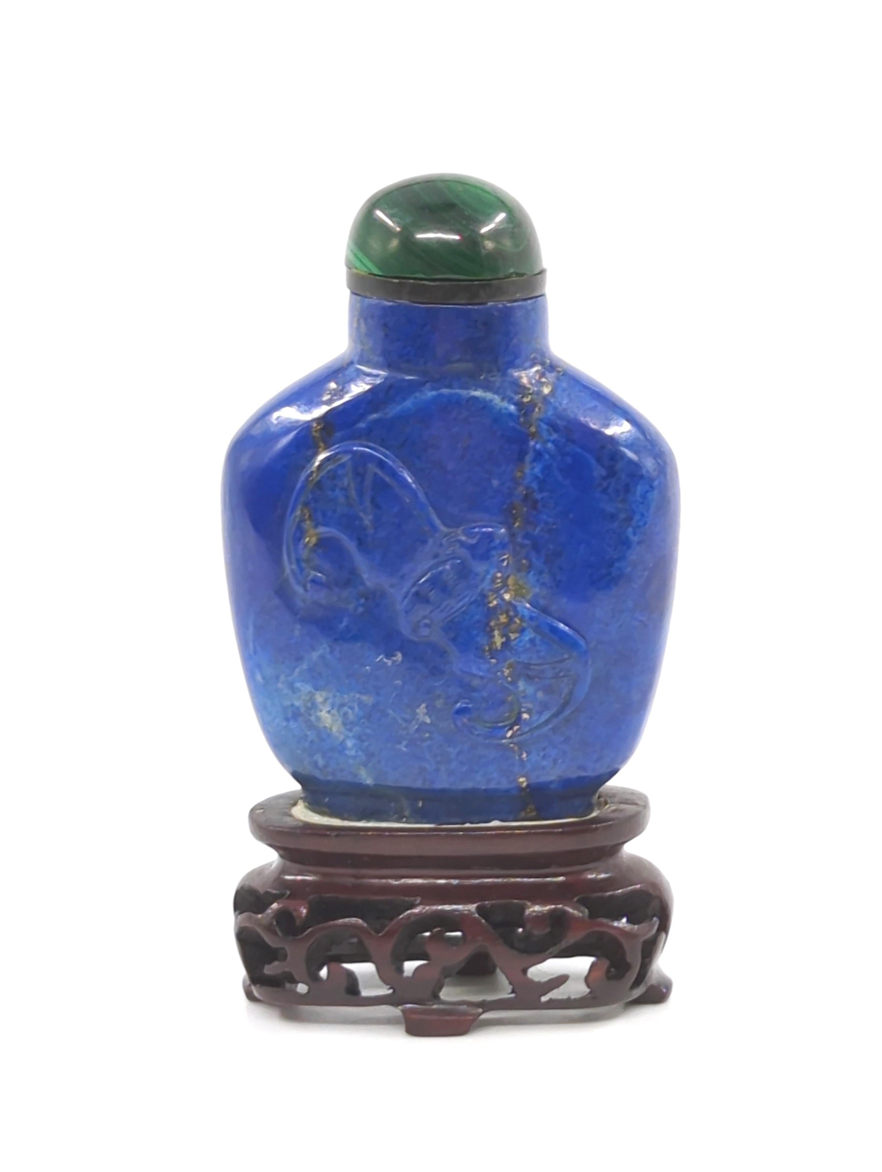 Antique Chinese Lapis Lazuli Relief Carved Snuff Bottle on Stand c.1920 For Sale 6