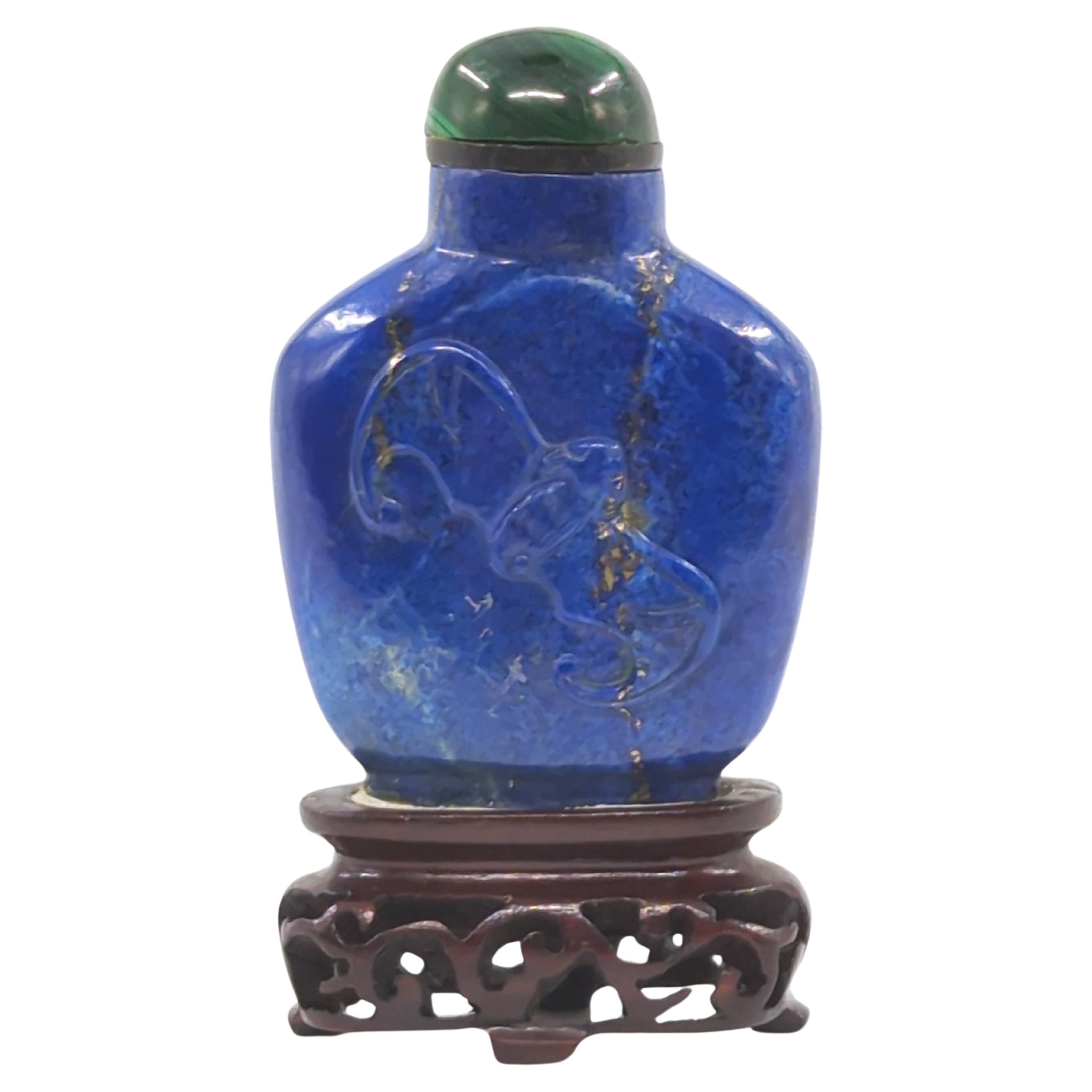 Qing Antique Chinese Lapis Lazuli Relief Carved Snuff Bottle on Stand c.1920 For Sale