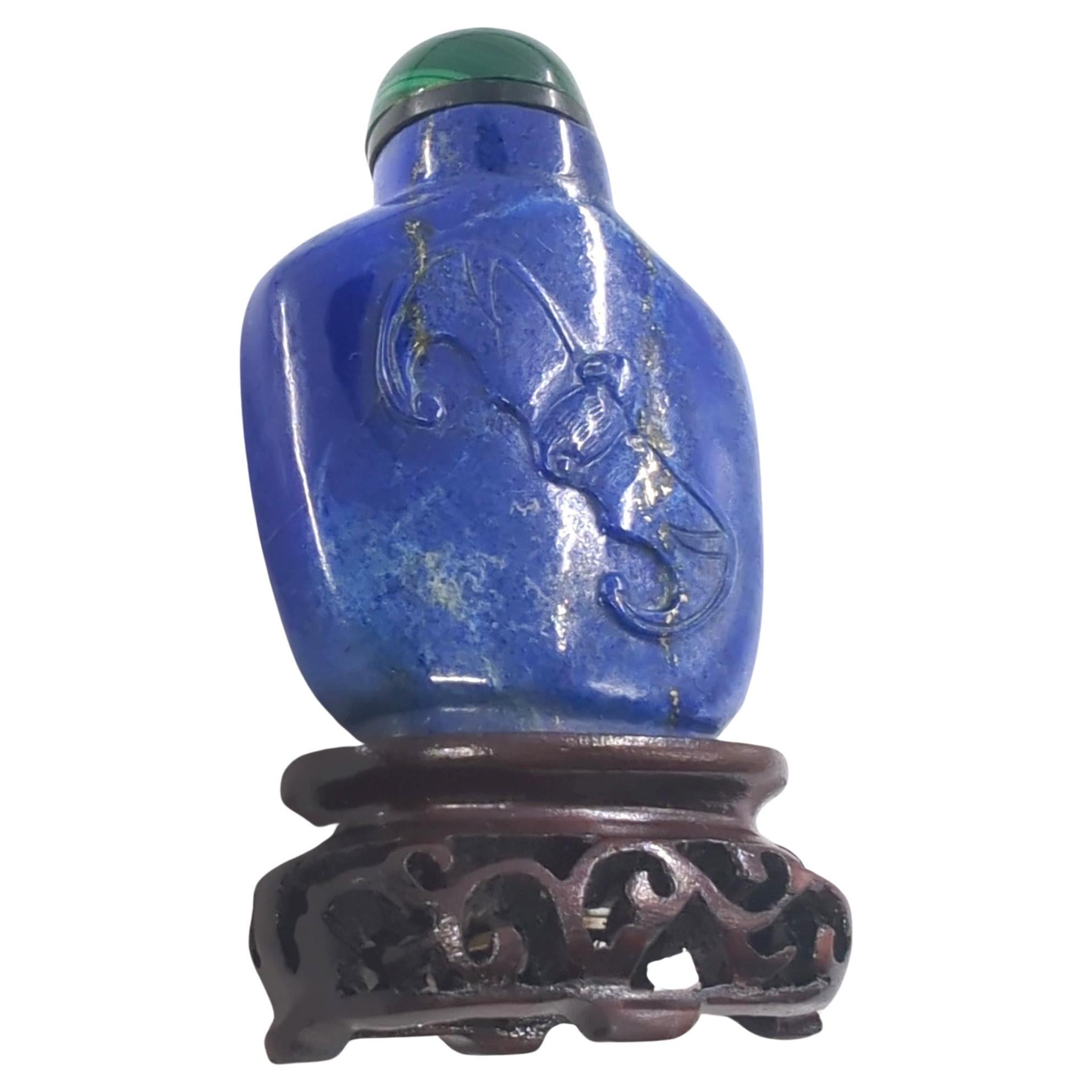 Hand-Carved Antique Chinese Lapis Lazuli Relief Carved Snuff Bottle on Stand c.1920 For Sale