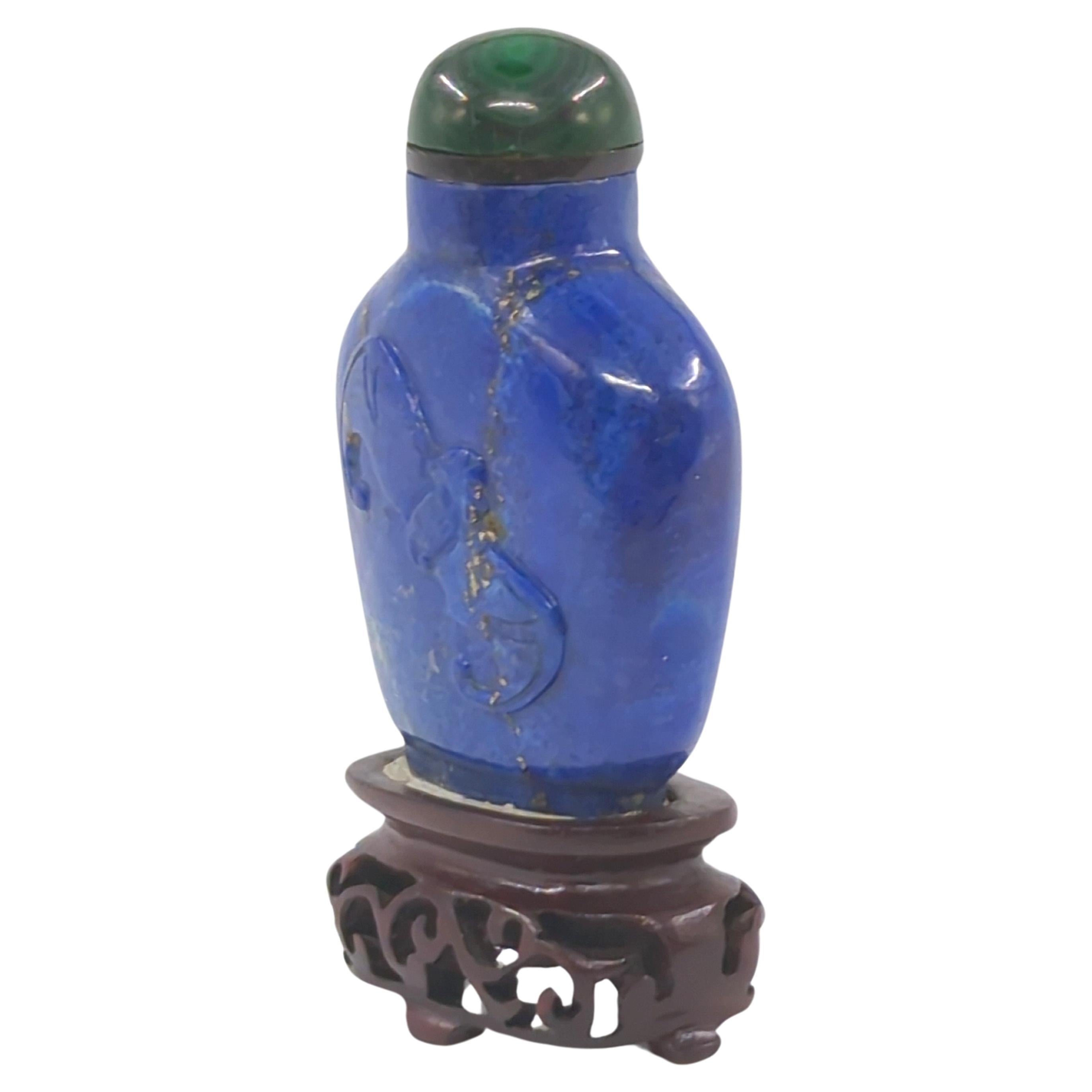 Early 20th Century Antique Chinese Lapis Lazuli Relief Carved Snuff Bottle on Stand c.1920 For Sale