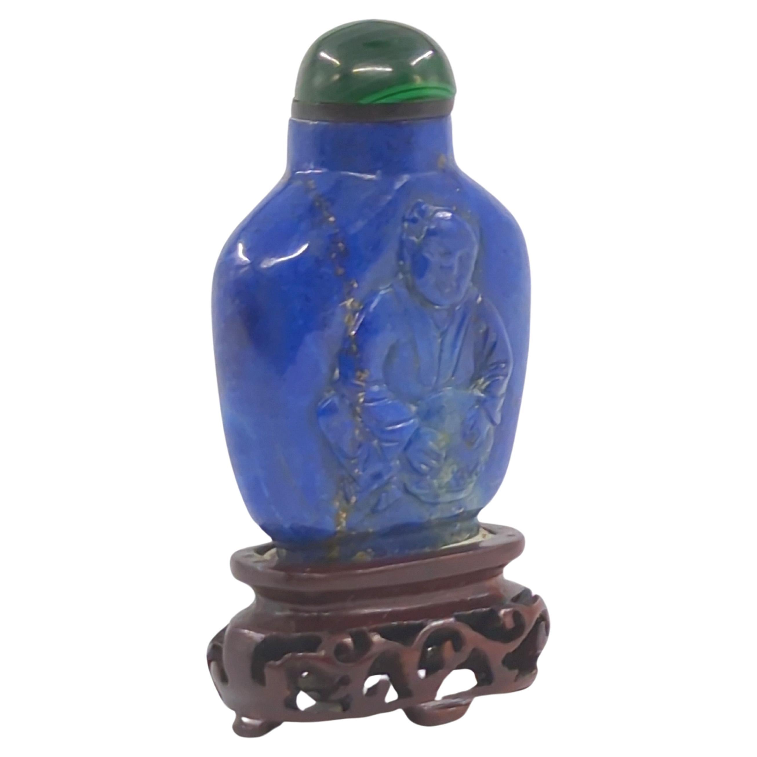 Antique Chinese Lapis Lazuli Relief Carved Snuff Bottle on Stand c.1920 For Sale 1