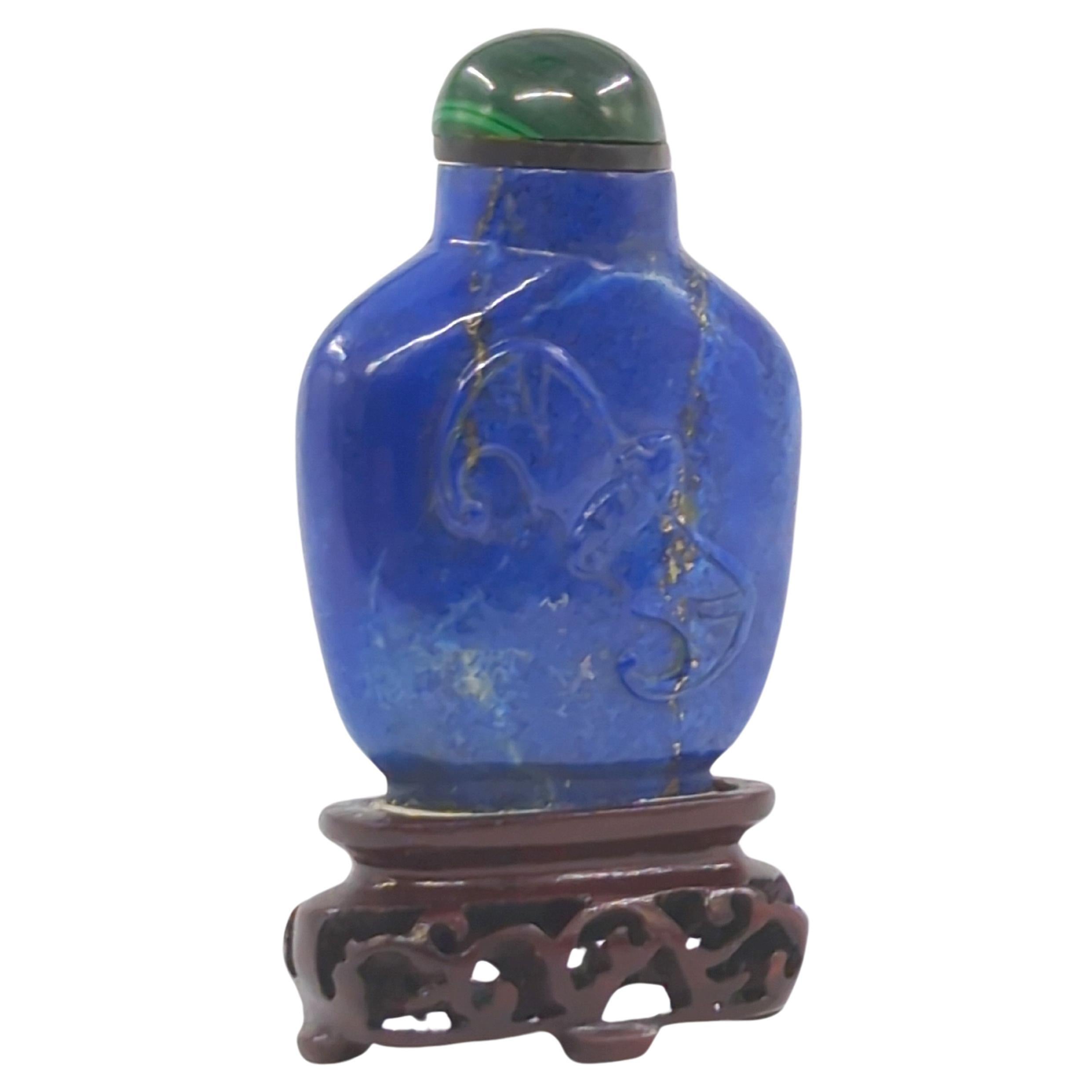 Antique Chinese Lapis Lazuli Relief Carved Snuff Bottle on Stand c.1920 For Sale 2