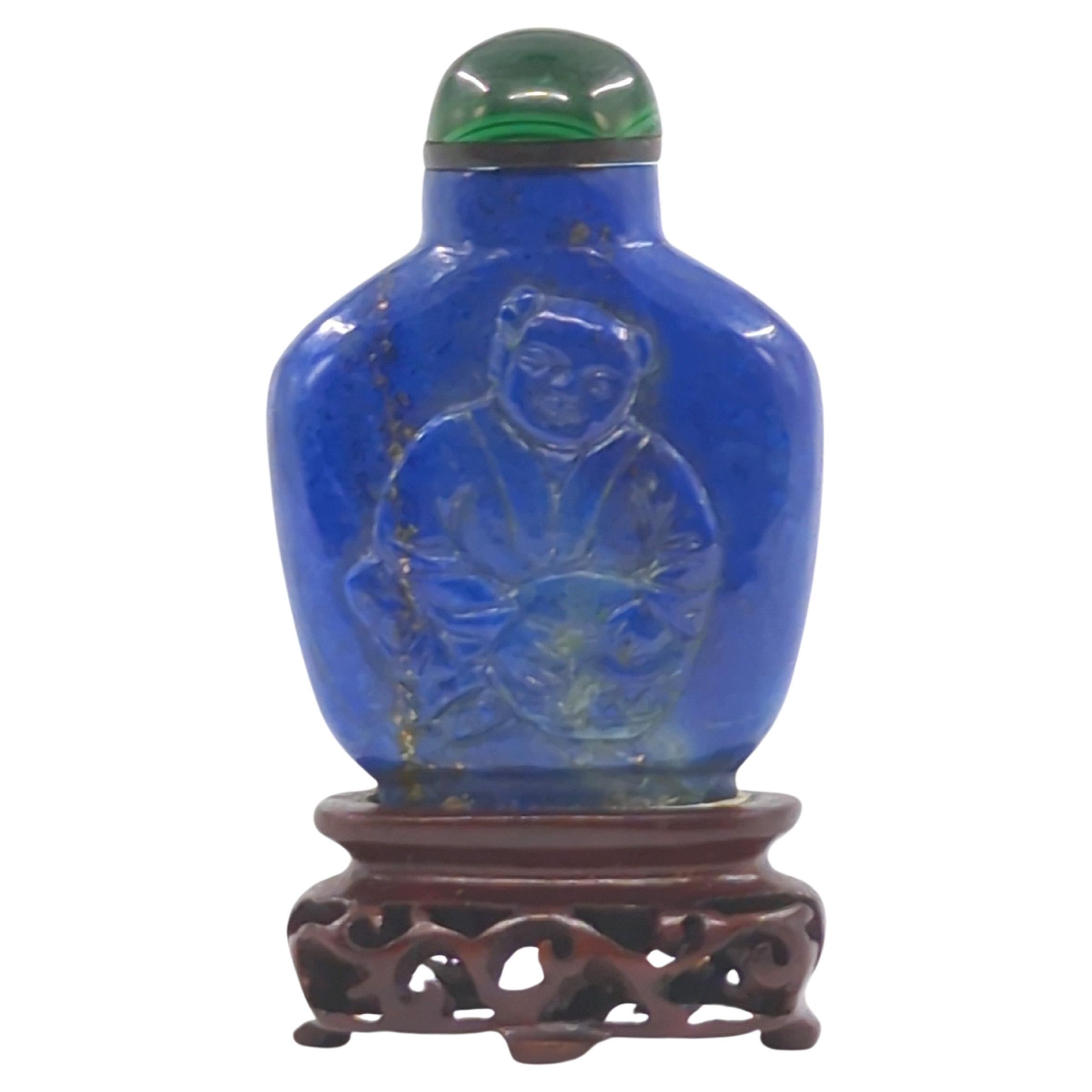 Antique Chinese Lapis Lazuli Relief Carved Snuff Bottle on Stand c.1920 For Sale