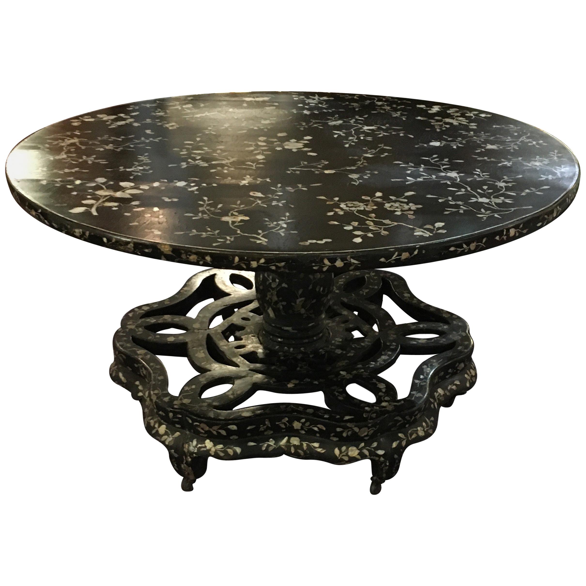Antique Chinese Laquer and Mother of Pearl Grand Center Table