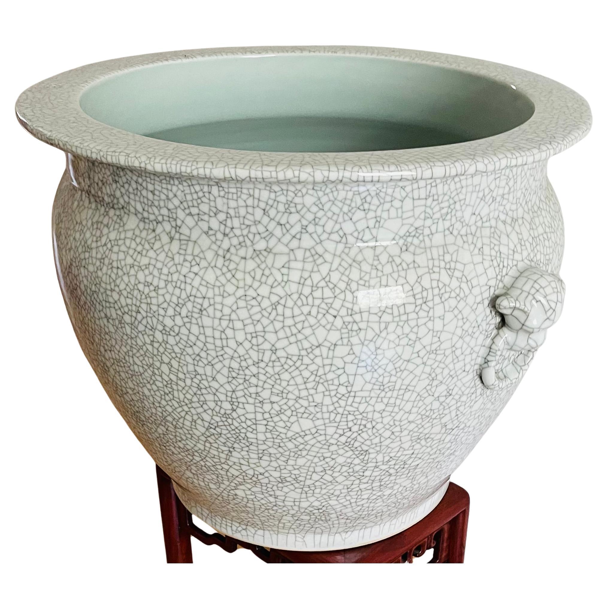 Antique Chinese Large Crackled  Porcelain Planter w Lion Heads