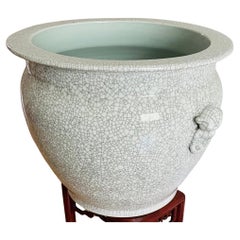 Antique Chinese Large Crackled  Porcelain Planter w Lion Heads