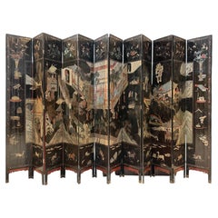 Antique Chinese Large Twelve Panel Coromandel Screen - Black Lacquer Background