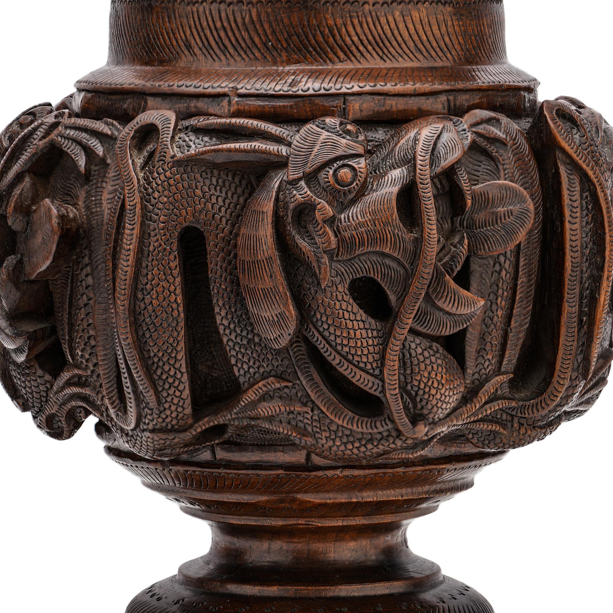 Chinese Indochina First Half of 20th Century Carved Wood Caddy with a Dragon Carvings For Sale