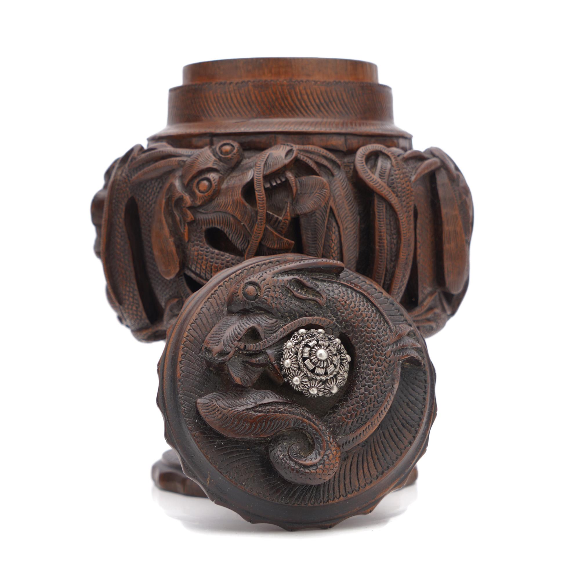 Indochina First Half of 20th Century Carved Wood Caddy with a Dragon Carvings For Sale 4