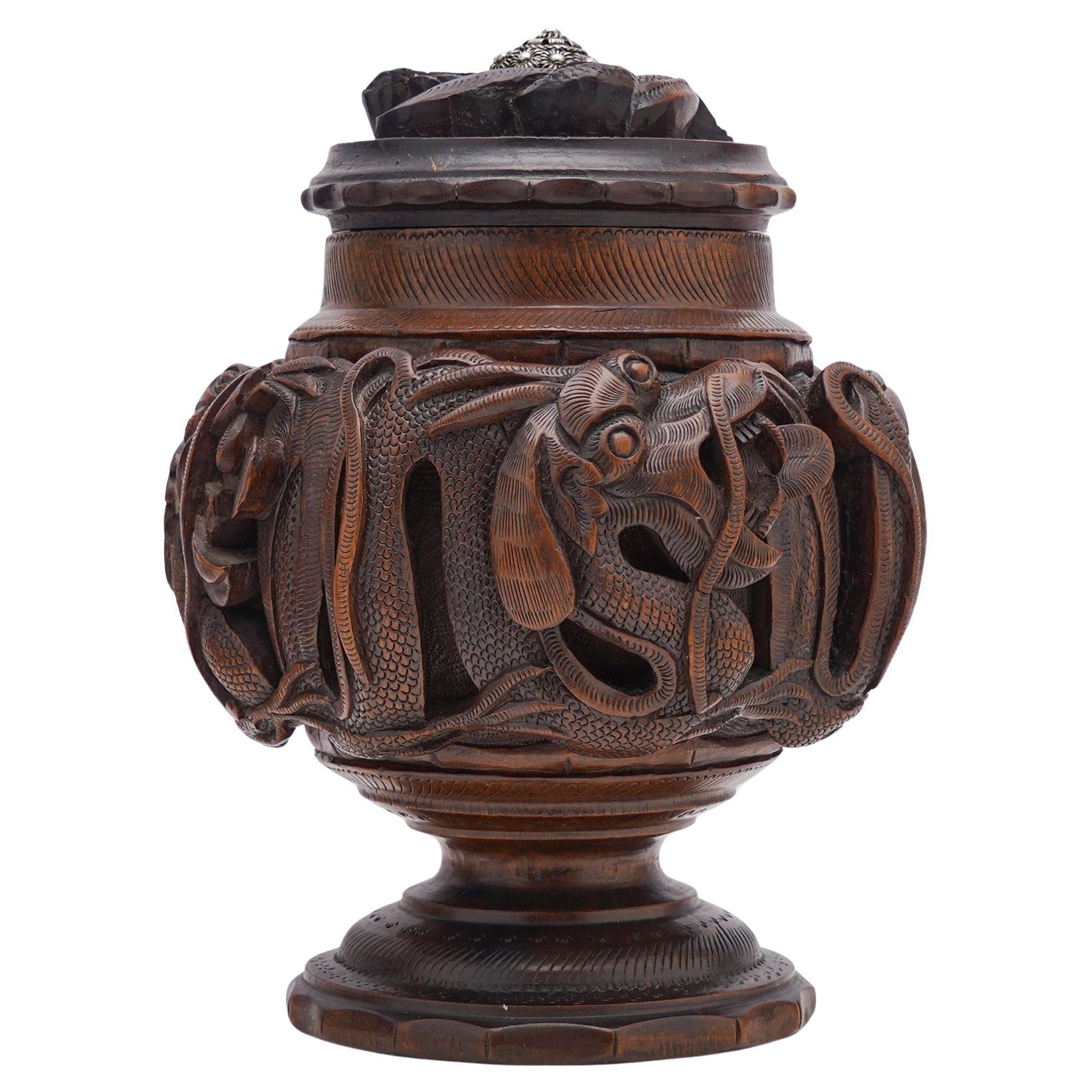 Indochina First Half of 20th Century Carved Wood Caddy with a Dragon Carvings For Sale