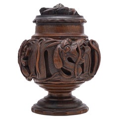 Indochina First Half of 20th Century Carved Wood Caddy with a Dragon Carvings