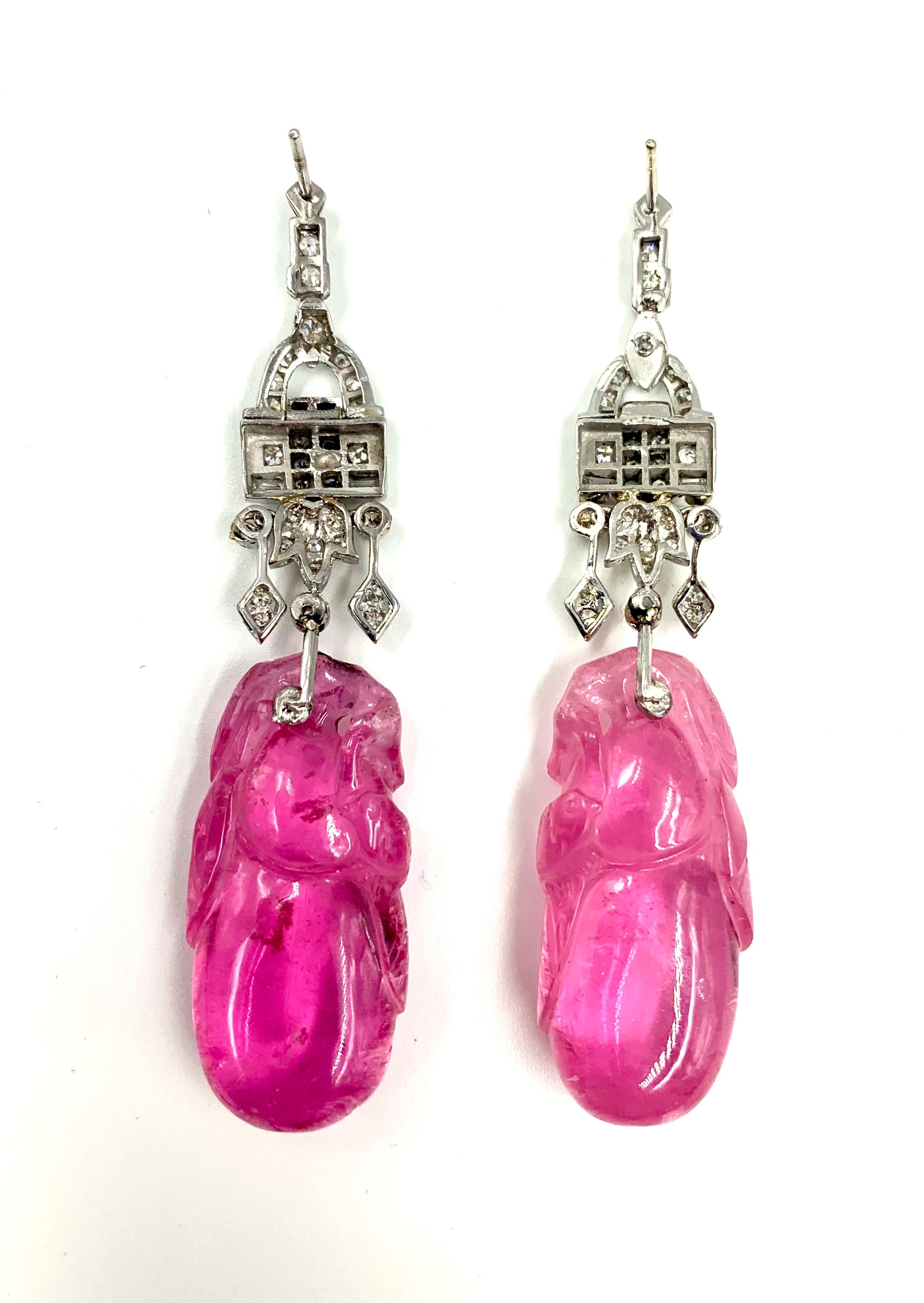 Antique Chinese Late Qing Carved Pink Tourmaline Art Deco Diamond Earrings For Sale 2