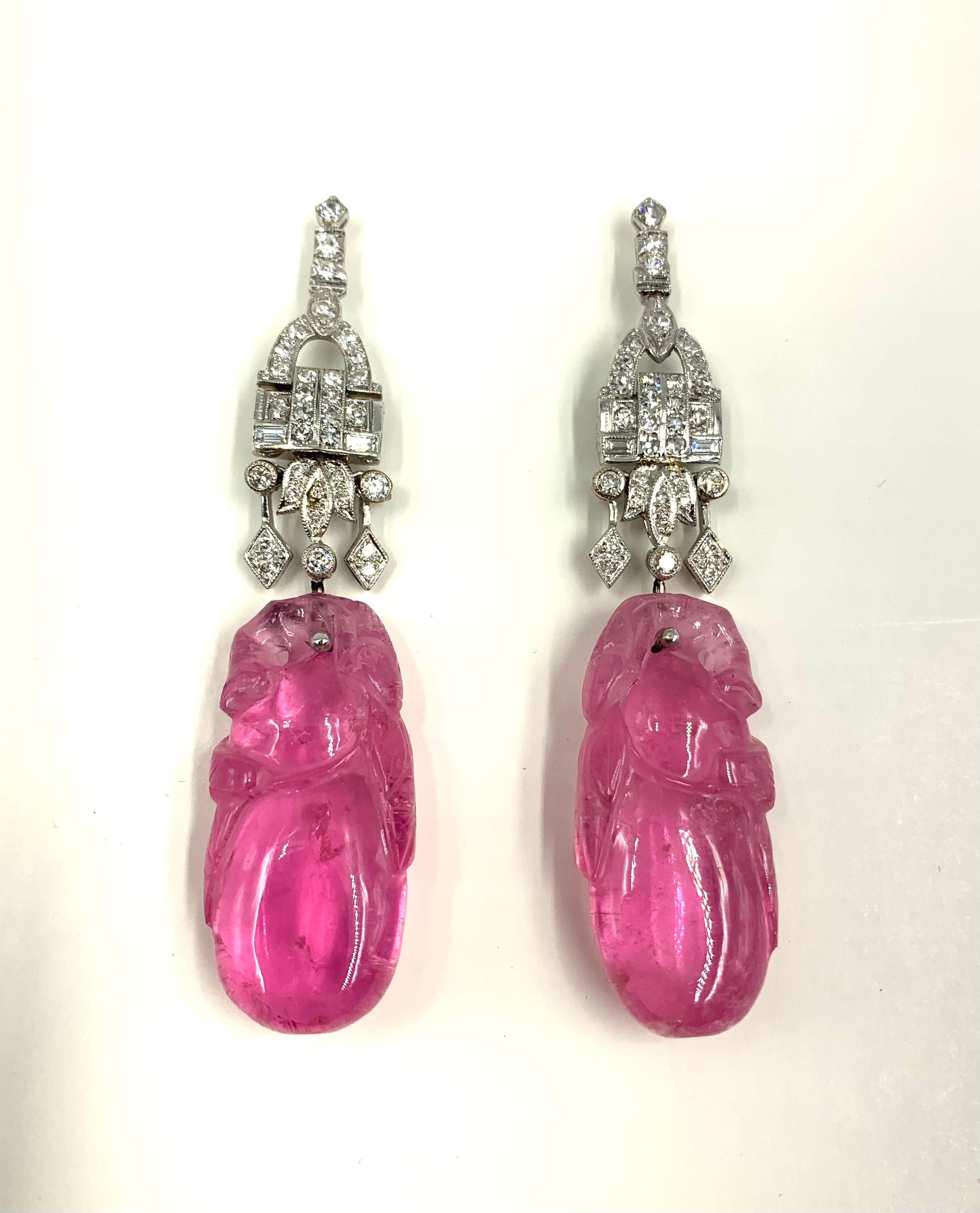 Antique Chinese Late Qing Carved Pink Tourmaline Art Deco Diamond Earrings For Sale 3