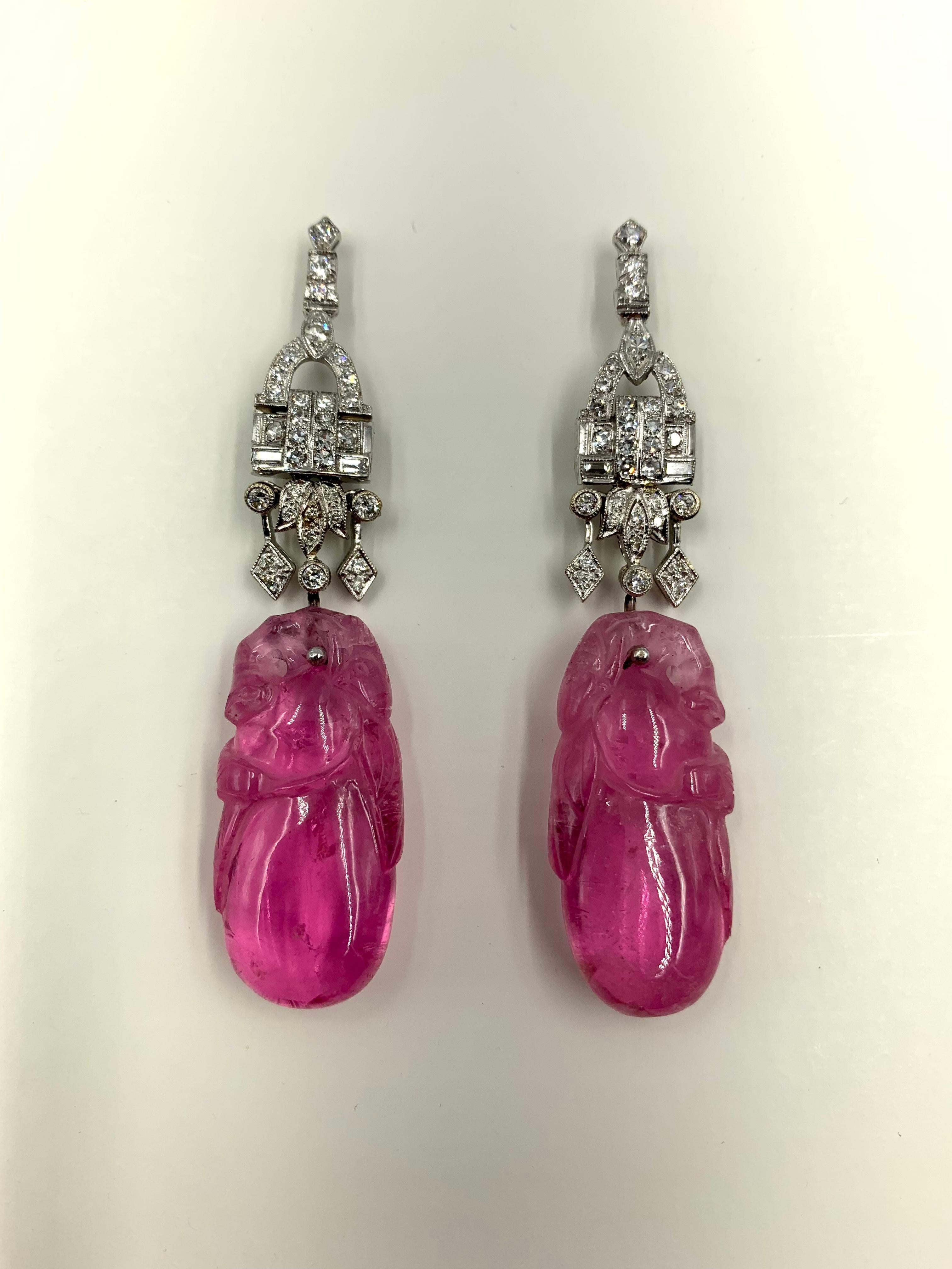 Antique Chinese Late Qing Carved Pink Tourmaline Art Deco Diamond Earrings For Sale 4