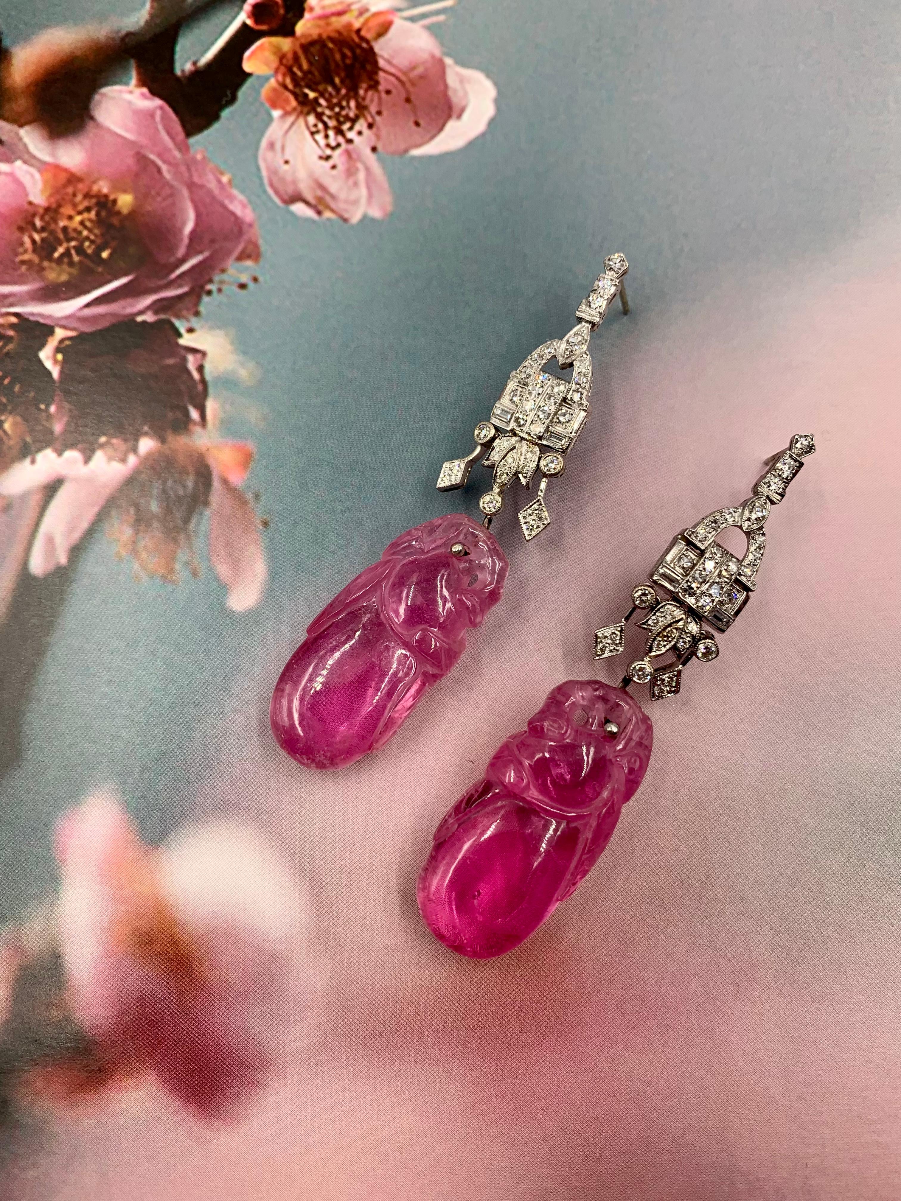 Antique Chinese Late Qing Carved Pink Tourmaline Art Deco Diamond Earrings For Sale 5