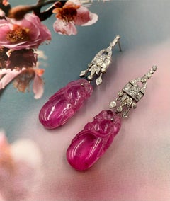 Antique Chinese Late Qing Carved Pink Tourmaline Art Deco Diamond Earrings