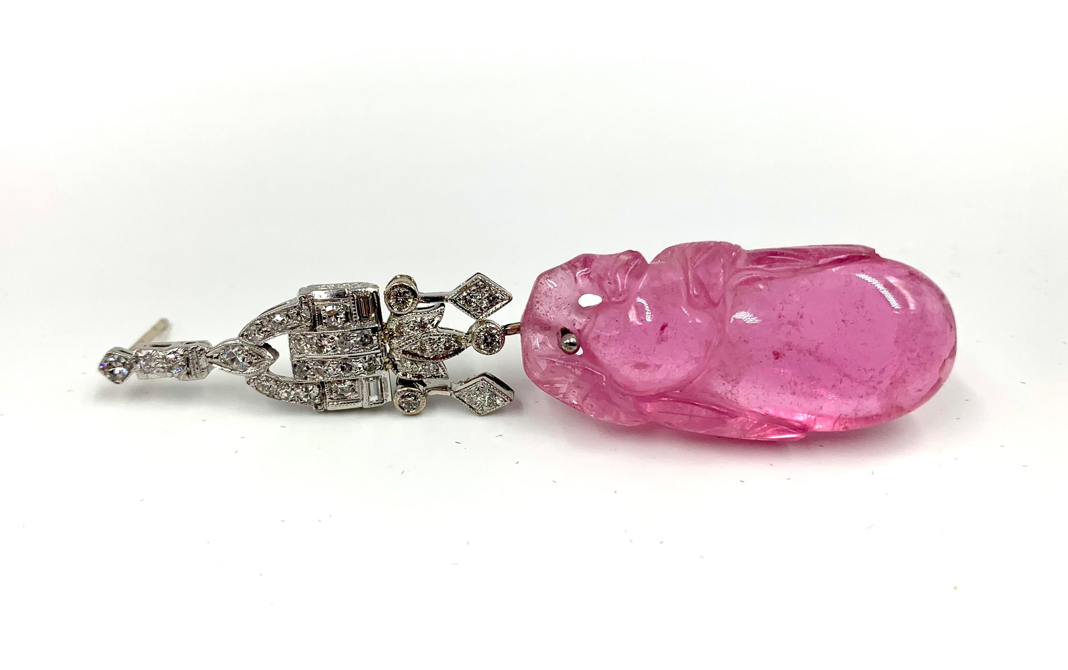 Mixed Cut Antique Chinese Late Qing Carved Pink Tourmaline Art Deco Diamond Earrings For Sale