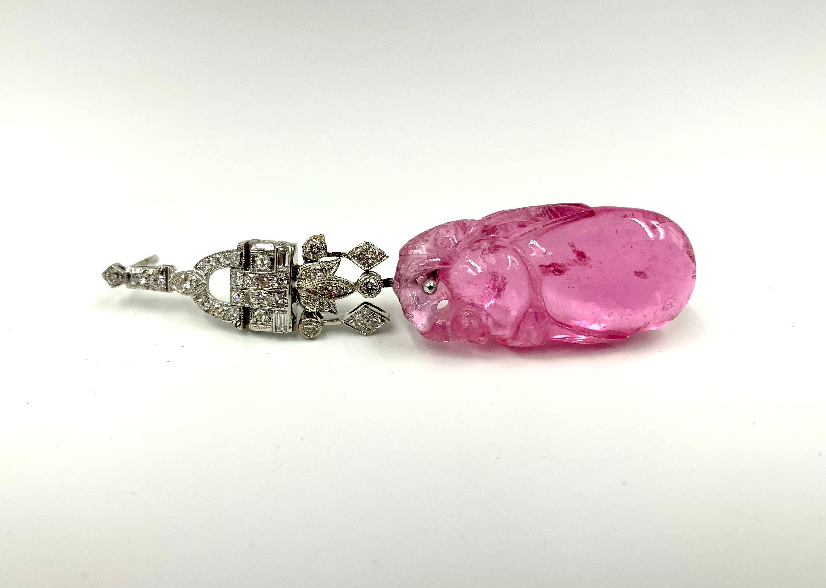 Antique Chinese Late Qing Carved Pink Tourmaline Art Deco Diamond Earrings In Good Condition For Sale In New York, NY