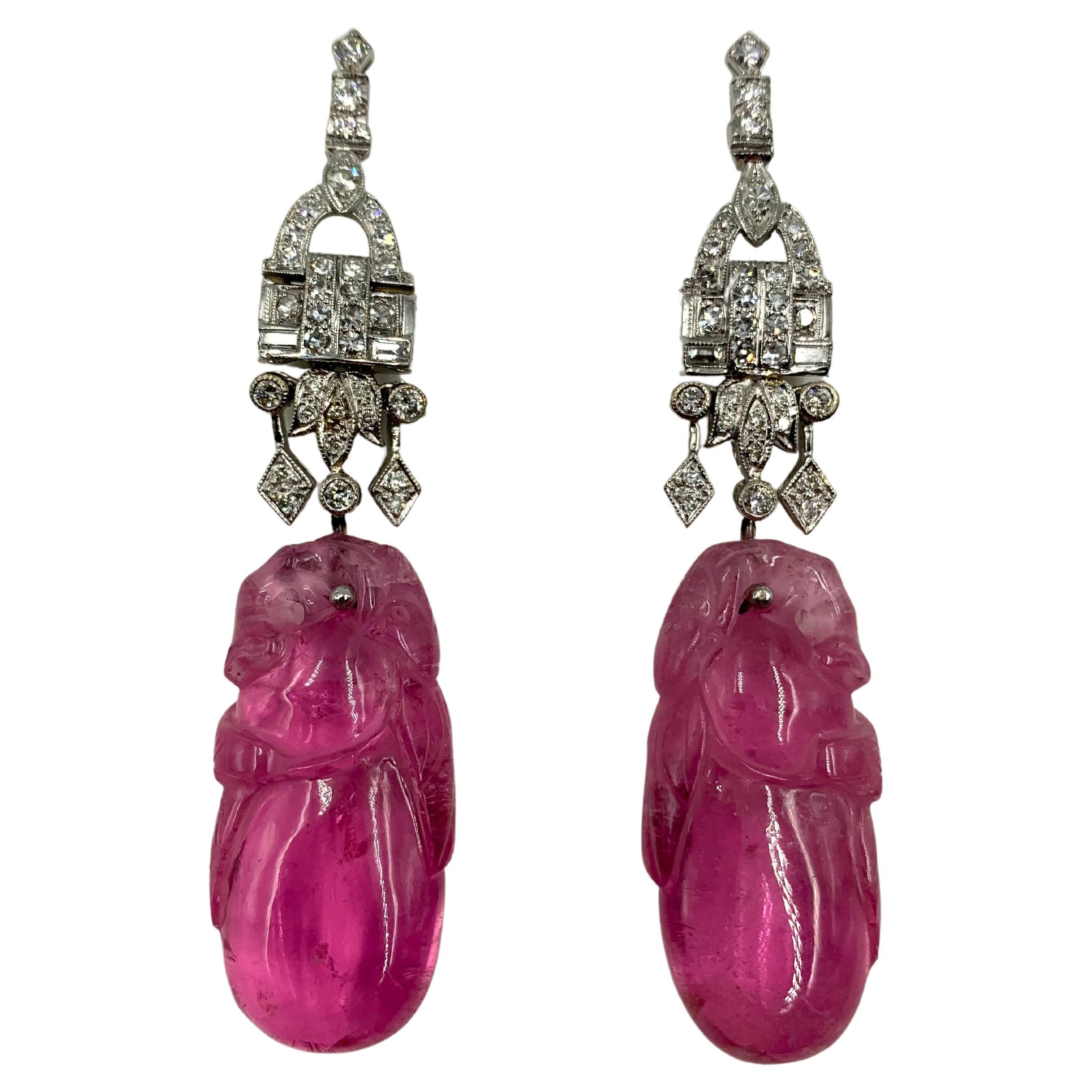 Antique Chinese Late Qing Carved Pink Tourmaline Art Deco Diamond Earrings For Sale