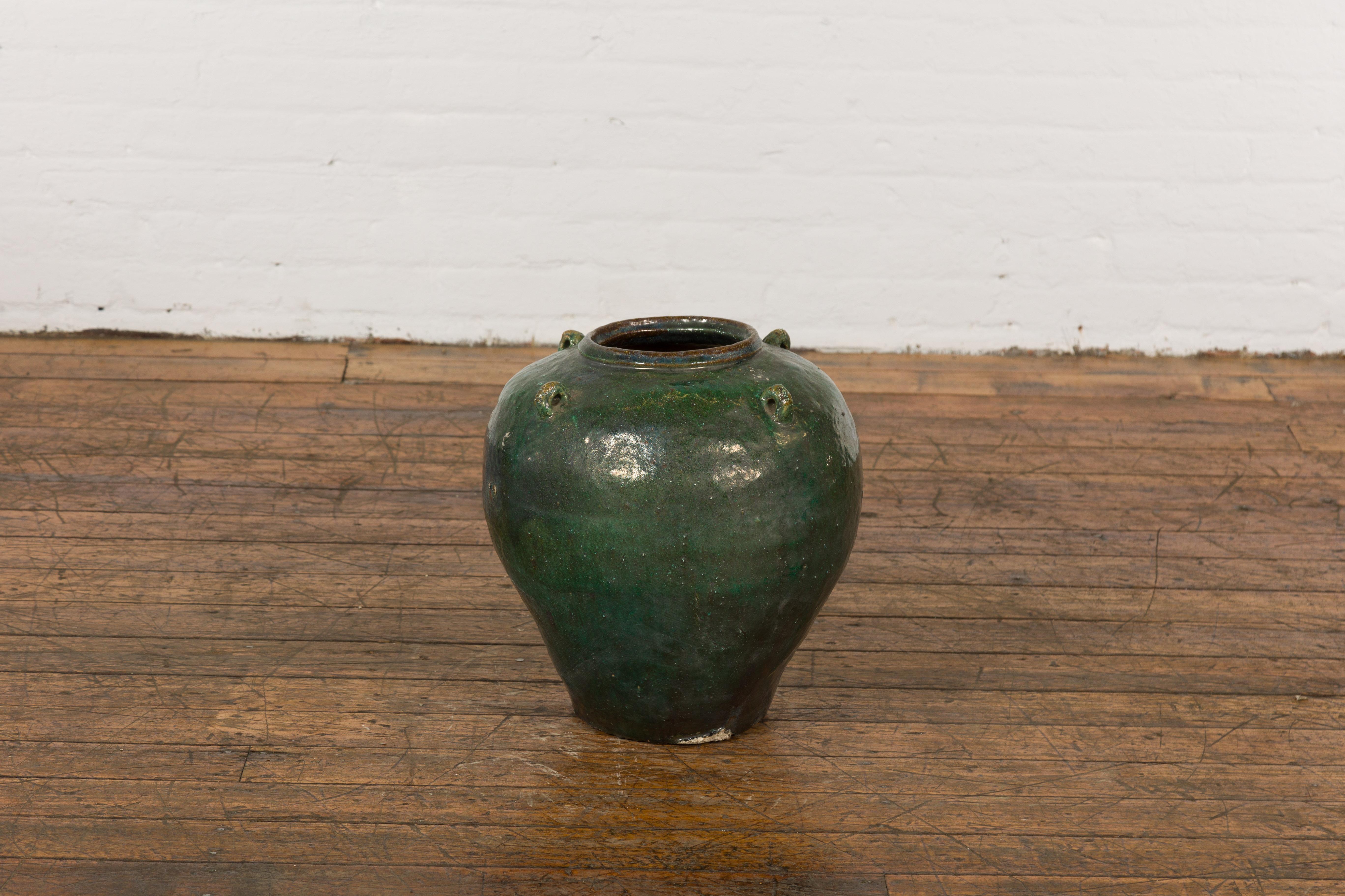 Small Dark Green Antique Glazed Ceramic Jar For Sale 5